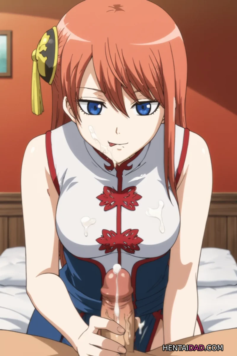 ai_generated ass ass_focus ass_grab big_ass big_breasts blue_eyes blush cum_on_breasts cum_on_face fellatio female_focus gintama handjob horny_female kagura_(gintama) long_hair looking_at_viewer pov pov_eye_contact pussy red_hair rona smile smiley_face