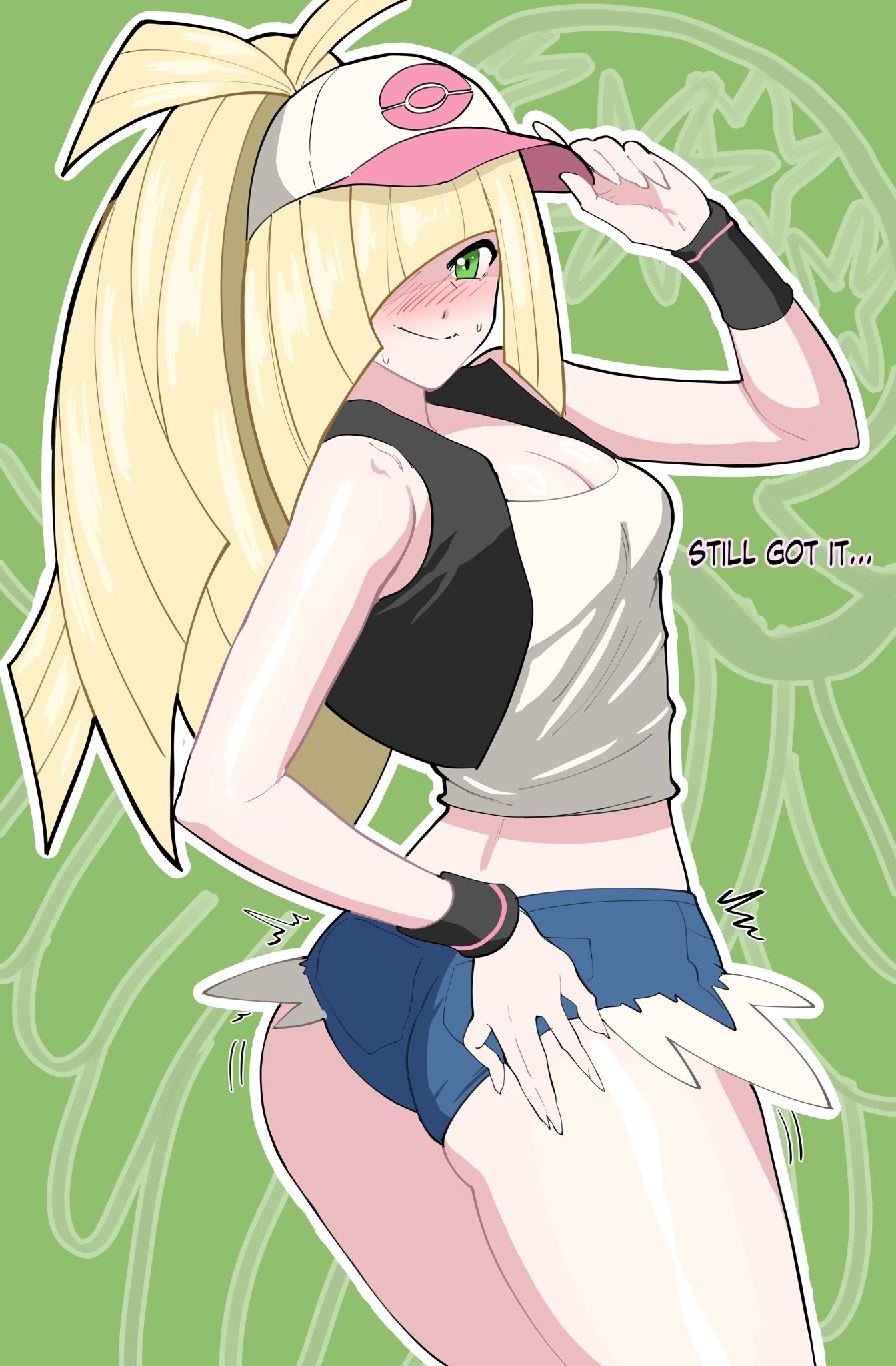 1girls ass big_ass blonde_hair blush breasts clothing cosplay daisy_dukes dialogue green_eyes hair_over_one_eye hat hilda_(pokemon)_(cosplay) looking_at_viewer looking_back lusamine_(pokemon) milf mother octavius_dp outfit_swap pokemon shirt shorts talking_to_viewer text thick_thighs vest wide_hips