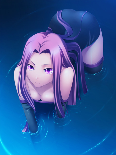 1girls, all fours, ass, bare shoulders, breasts, cleavage, dress, elbow gloves, fate (series), fate/stay night, female, gloves, medusa (fate), partially submerged, purple eyes, purple hair, solo, strapless dress, tagme, thighhighs, type-moon, very long hair, wading, water, wet