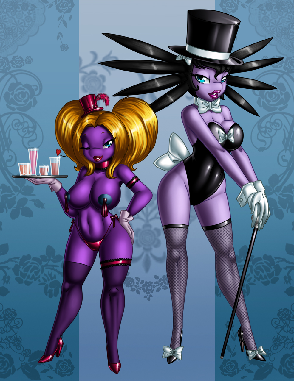 <3 2girls anthro arm_strap black_leotard blue_eyes bow bowtie bunnysuit cane choker crovirus drink female fishnet_stockings fishnets g-string gothitelle hat heart high_heels jynx leotard lipstick magician nintendo nipple_tassels pokemon pokemon_(species) purple_skin pursed_lips shoe_bow showgirl stockings thigh_strap top_hat tray video_games waitress white_bow white_bowtie wide_hips wrist_cuffs