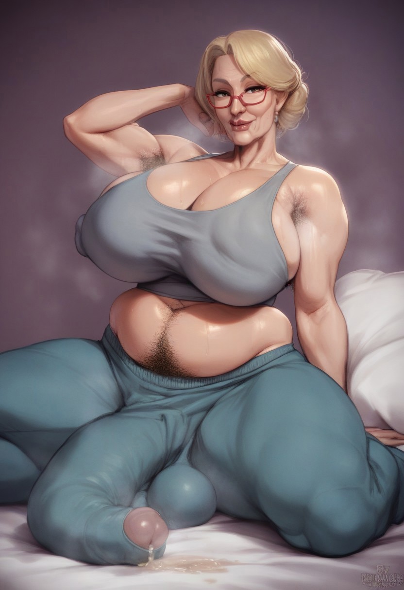 ai_generated armpit_hair asleep briang1748 foreskin futanari glasses grandma_(briang1748) grandmother granny granny_futa mature_futa older_female penis pubic_hair semi_hard sleeping smell thick_breasts thick_thighs