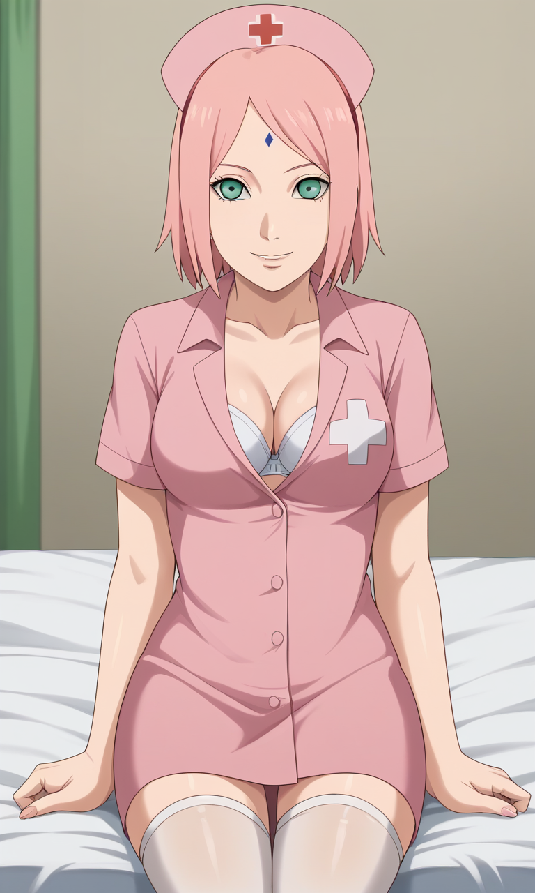 aged_up ai_generated ass bigmic145 boruto:_naruto_next_generations bra breasts cleavage female female_only medium_breasts naruto naruto_(series) nurse nurse_cap nurse_uniform pink_hair sakura_haruno short_hair stripping thighhighs