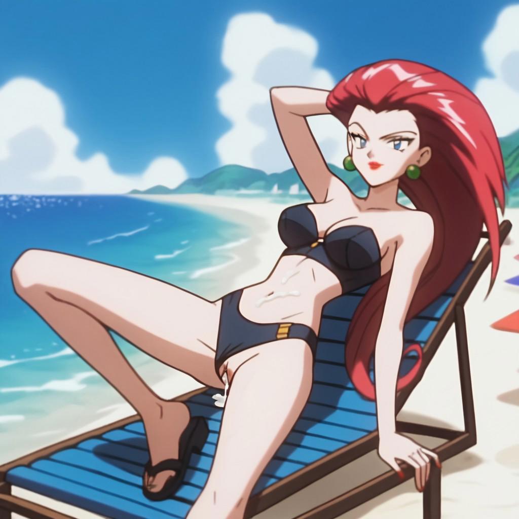 after_sex ai_generated beach bikini cum cum_in_pussy cum_inside cum_on_body cum_on_stomach jessie_(pokemon) lipstick long_hair lounge_chair lounging outdoors outside pokemon pokemon_(anime) red_hair sandals tagme