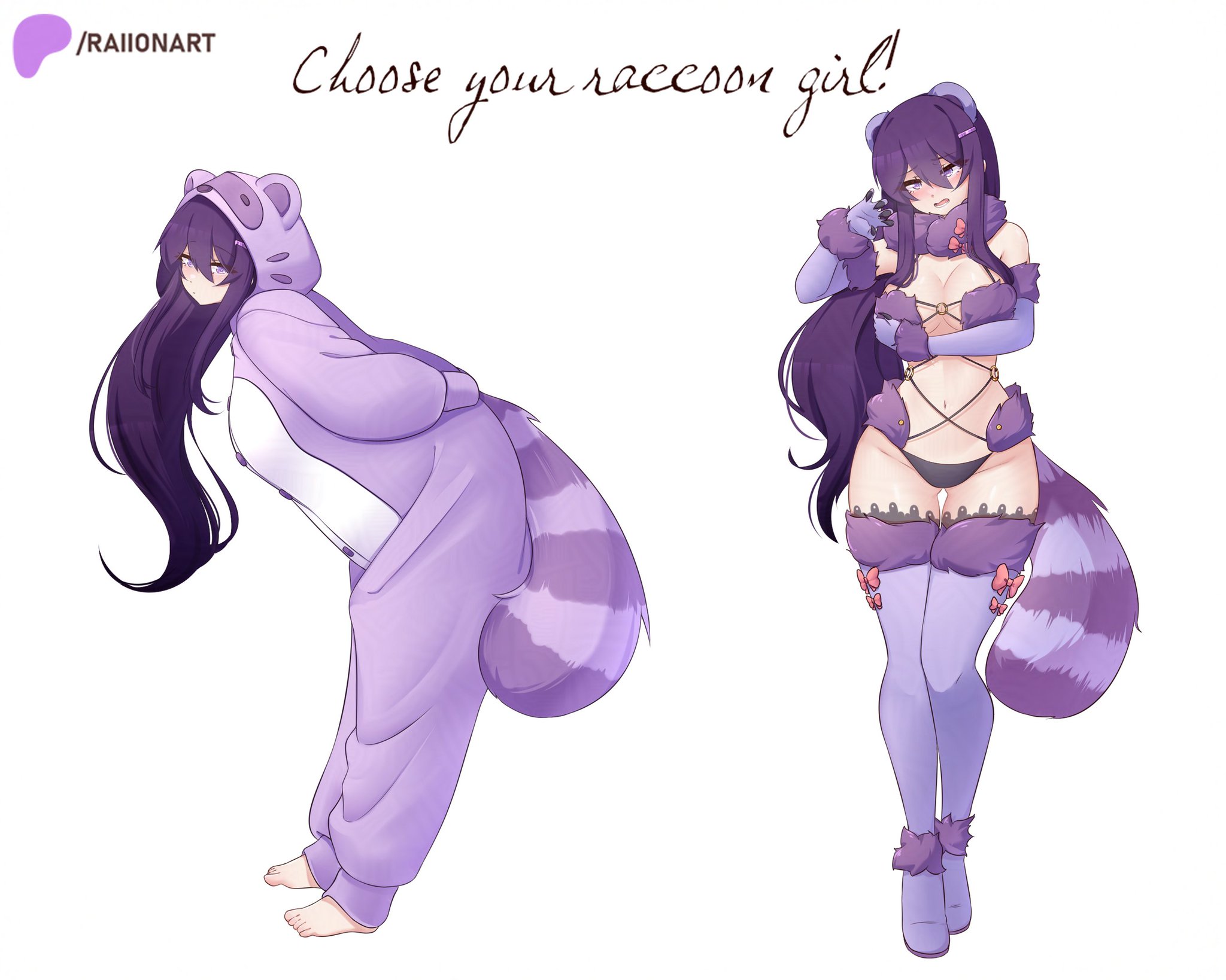 doki doki literature club, raccoon, raccoon ears, raccoon girl, raccoon tail, raionart, thighhighs, yuri (doki doki literature club)