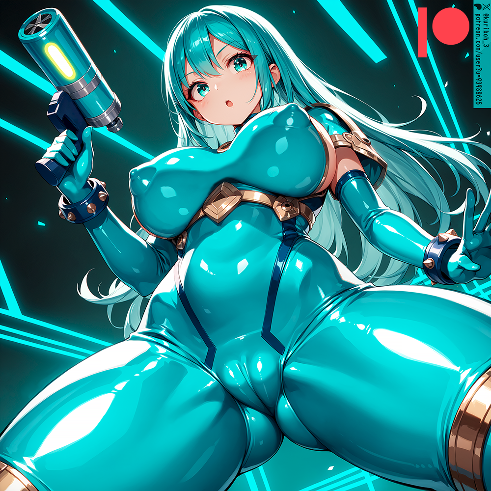 ai_generated bodysuit breasts female kuriboh_ex_(artist) latex latex_clothing latex_suit oppai rubber rubber_clothing rubber_suit skin_tight turquoise_eyes turquoise_hair