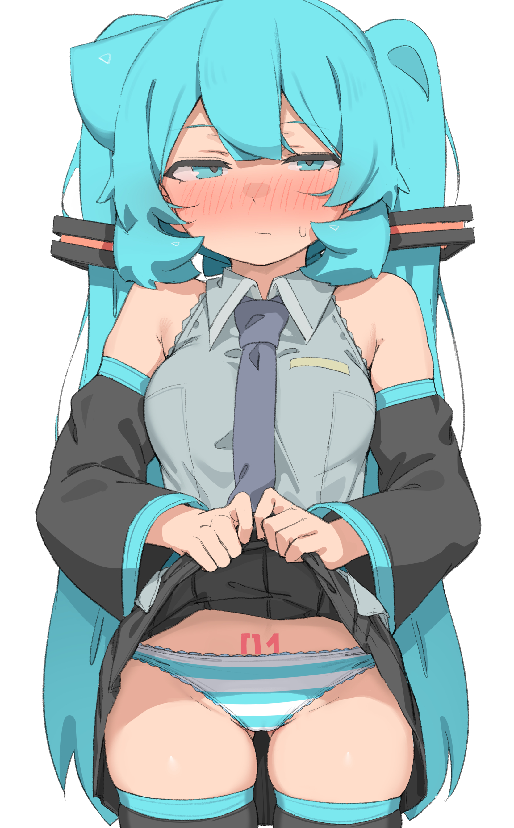 1girl, 1girls, abmayo, absurdres, bangs, bare shoulders, black skirt, black sleeves, black thighhighs, blue eyes, blue hair, blue panties, blush, breasts, closed mouth, clothes lift, collared shirt, commentary request, cowboy shot, detached sleeves, gluteal fold, green hair, grey necktie, grey shirt, groin, hair ornament, hatsune miku, hi res, highres, lifted by self, lifting own clothes, long hair, long sleeves, looking at viewer, medium breasts, miniskirt, necktie, nose blush, number tattoo, panties, pleated skirt, pubic tattoo, shiny, shirt, simple background, skindentation, skirt, skirt lift, solo, striped, striped clothes, striped panties, tattoo, thighhighs, twintails, underwear, very long hair, vocaloid, white background