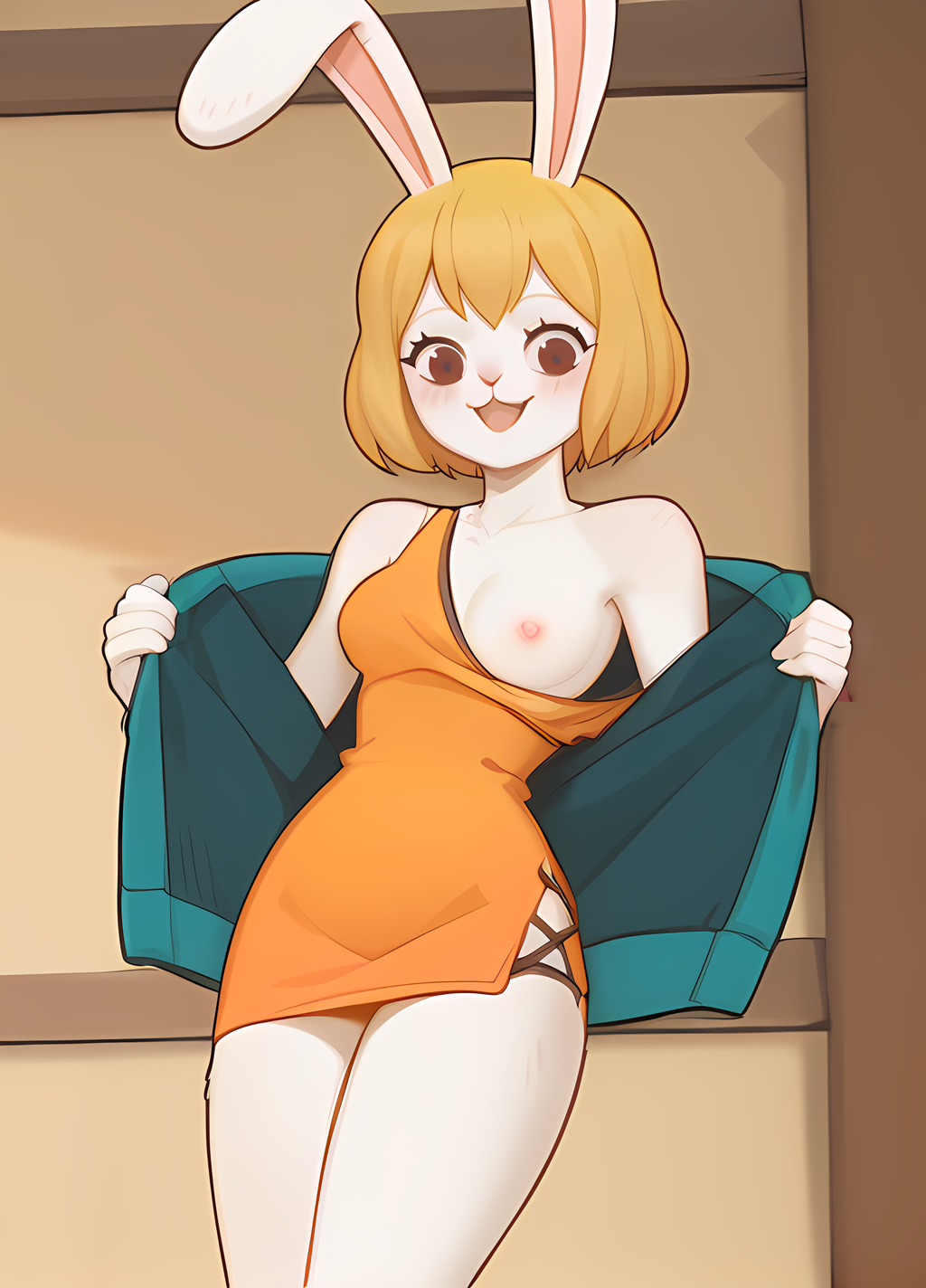 ai_generated breasts bunny_ears carrot_(one_piece) flashing fur happy nude thighs trompitpro yellow_hair