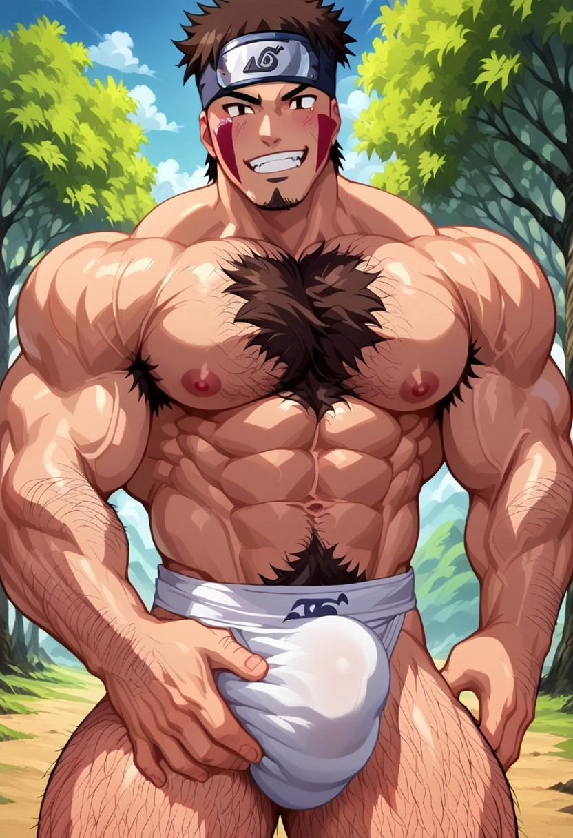 ai_generated bara brown_hair buff daddy hairy hairy_armpits hairy_male huge_bulge huge_muscles inuzuka_kiba muscular ninja sexy_no_jutsu strong wolf