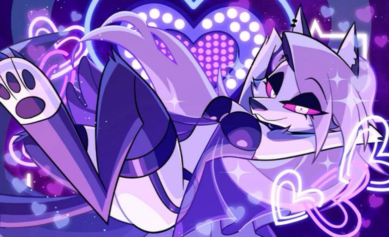 <3, 1girls, anthro, arms behind head, breasts, canon, canonical scene, female, furry, hands behind head, heart, heart symbol, hellhound, helluva boss, lingerie, long hair, looking at viewer, loona (helluva boss), merchandise, no sex, no sound, no visible genitalia, official, official art, seductive, sexy, smile, smiling at viewer, tagme, tagme (artist), thick thighs, two-tone body, two-tone fur, wolf, wolf girl