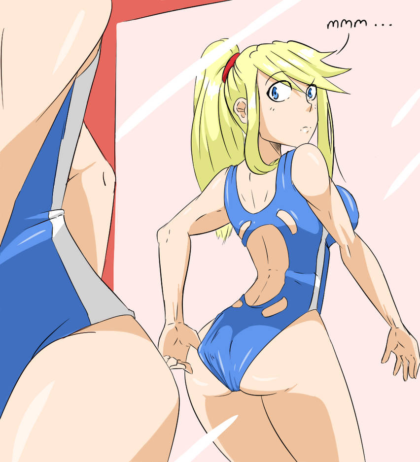 1girls adjusting_clothes adjusting_swimsuit ass back blonde_hair blue_eyes blue_one-piece_swimsuit blue_swimsuit breasts competition_swimsuit medium_breasts metroid mirror mirror_reflection nintendo one-piece_swimsuit ponytail samus_aran swimsuit zeromomentai