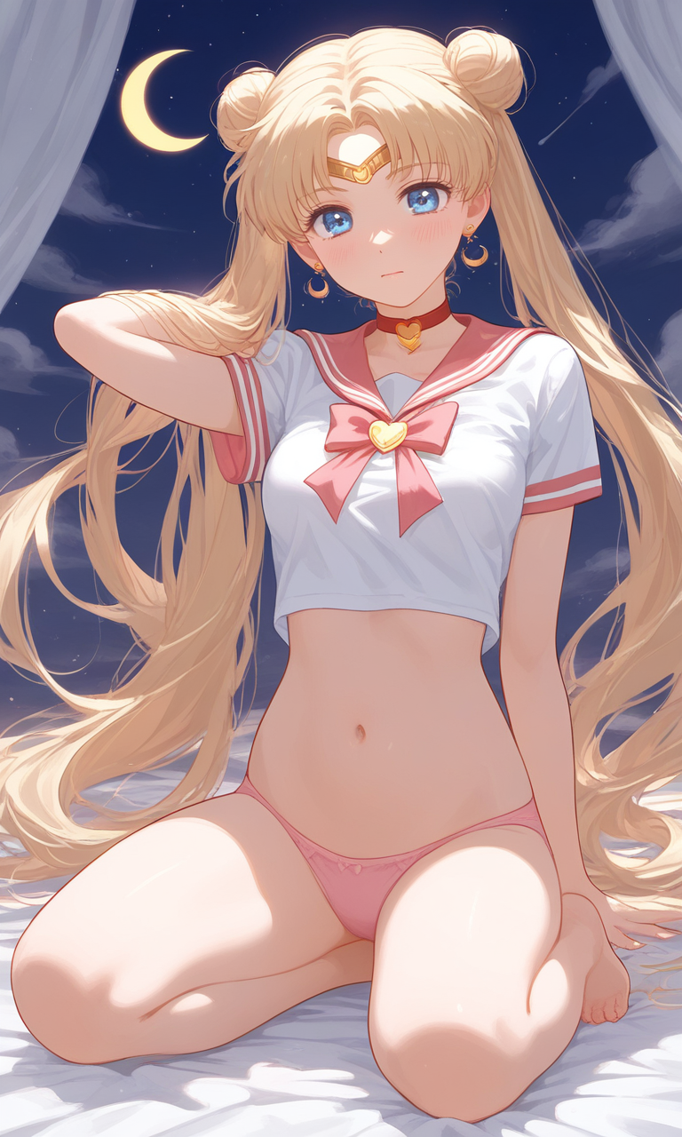 ai_generated bedroom belly bishoujo_senshi_sailor_moon blonde_hair blue_eyes choker circlet clothing crescent_earrings crescent_moon crop_top double_bun earrings midriff navel no_pants panties sailor_moon sailor_uniform skinny small_breasts twintails underwear