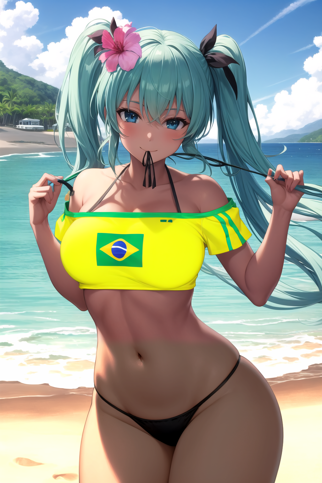 1girl ai_generated aqua_eyes aqua_hair bare_shoulders beach bikini bikini_under_clothes black_bikini black_ribbon blue_sky blush brazilian_miku breasts car cleavage closed_mouth cloud cloudy_sky collarbone cowboy_shot crop_top day female floating_hair flower green_shirt groin hair_between_eyes hair_flower hair_ornament hair_ribbon halterneck hands_up hatsune_miku hibiscus holding large_breasts long_hair looking_at_viewer medium_breasts midriff mountainous_horizon mouth_hold navel no_pants ocean off-shoulder_shirt off_shoulder outdoors pink_flower pixiv rena_aikawa_(pixiv_user) ribbon sand shirt shore short_sleeves side-tie_bikini_bottom sidelocks skindentation sky smile solo stable_diffusion standing stomach strap_pull string_bikini swimsuit tagme thighs tree twintails very_long_hair vocaloid water wide_hips yellow_shirt