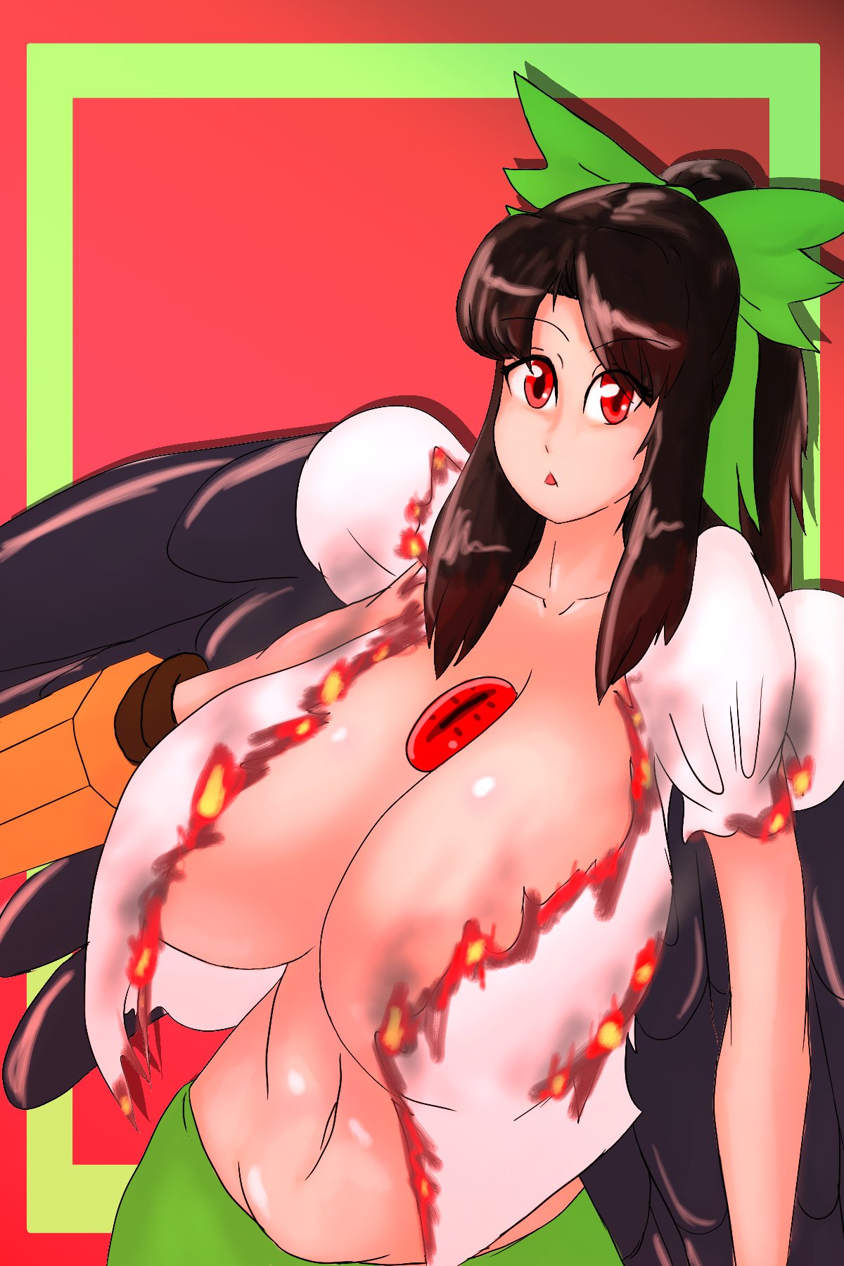 1girls alternate_breast_size bird_wings black_hair brown_hair cleavage female huge_breasts large_breasts long_hair looking_at_viewer red_eyes ribbon solo torn_clothes touhou trix5 upper_body utsuho_reiuji wings