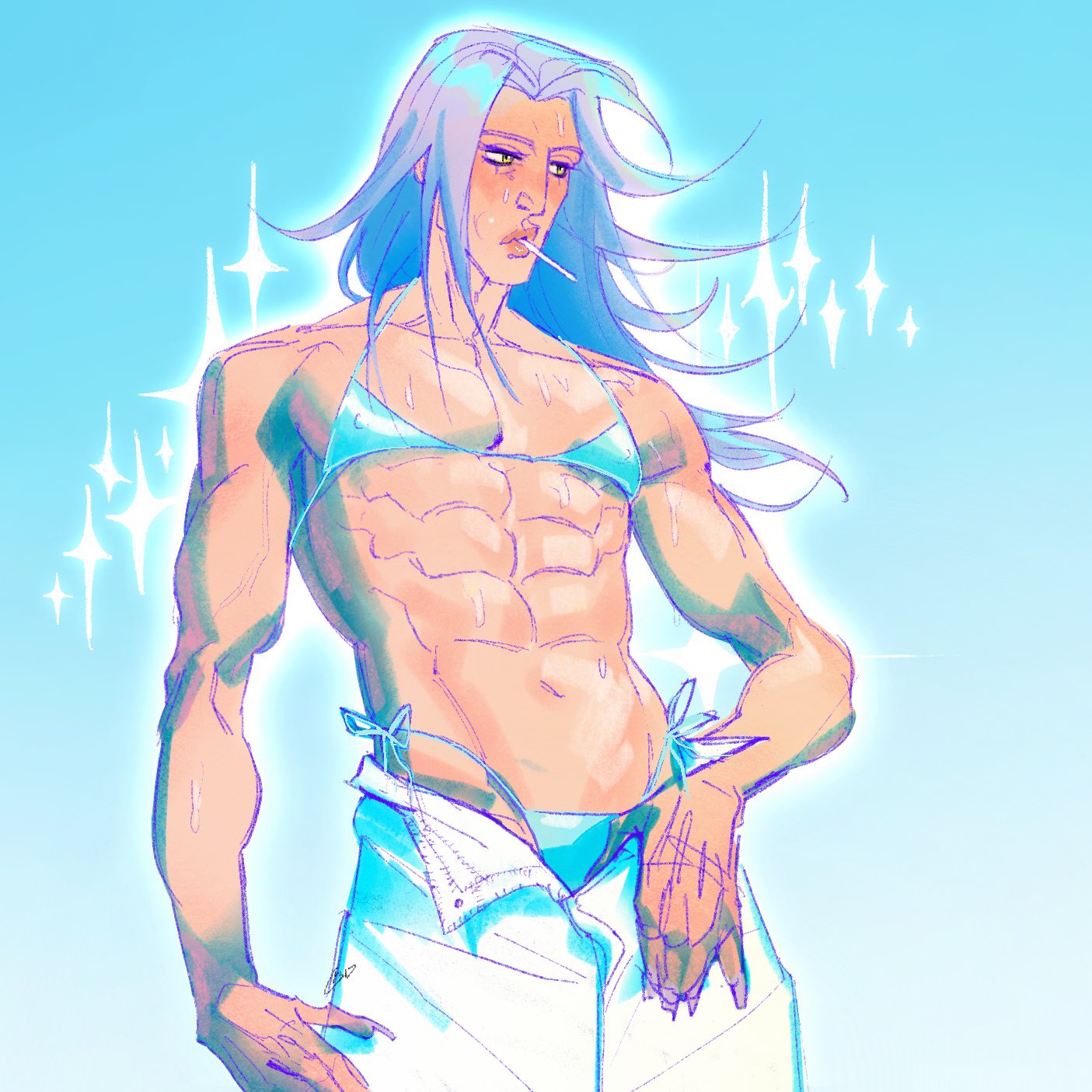 abs beach bikini cowboydio gay jojo's_bizarre_adventure leone_abbacchio lollipop long_hair male male_only muscular muscular_male nipples_visible_through_clothing pants_down sparkles sweating swimsuit