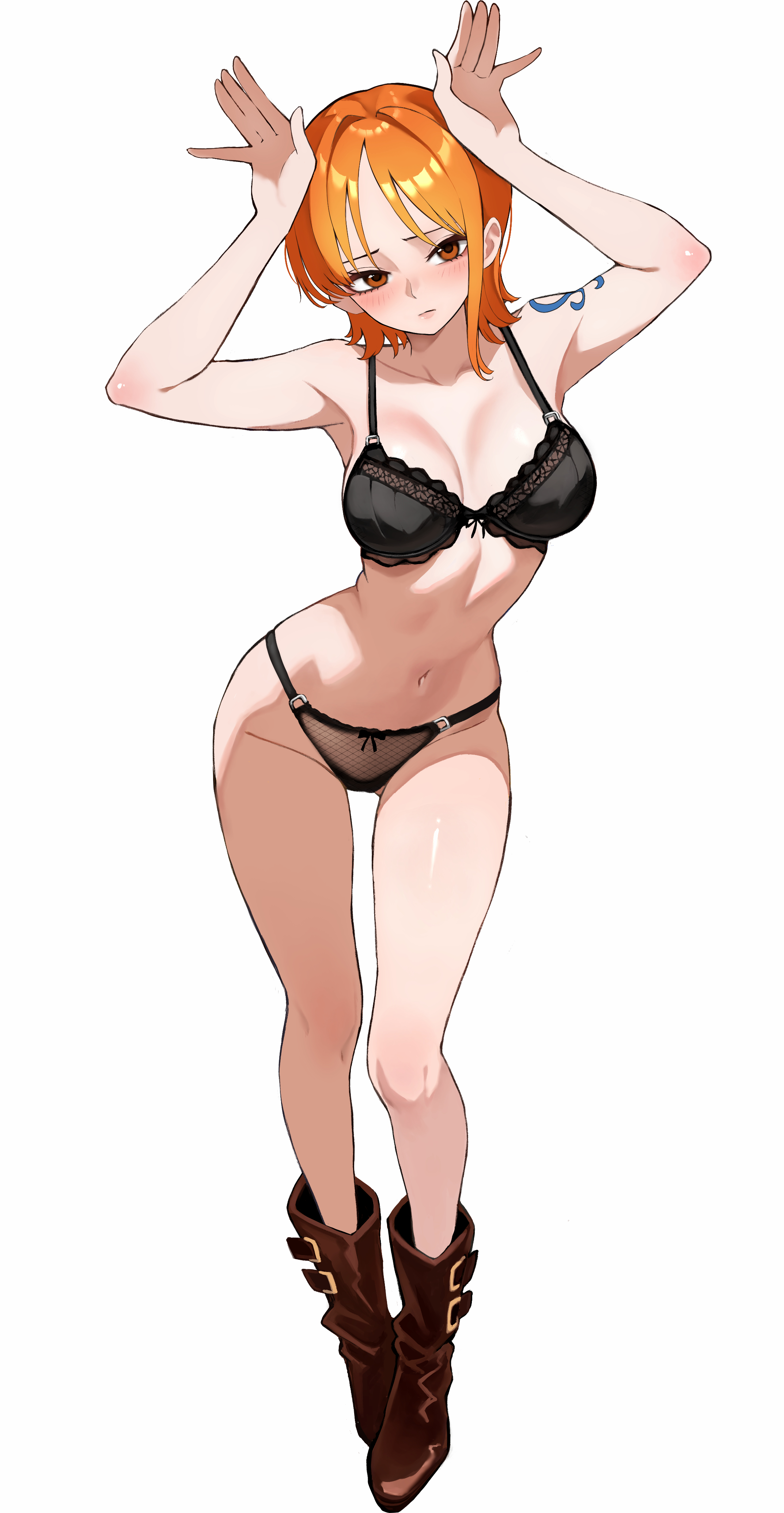 1girls, 2025, absurdres, arm tattoo, armpits, arms up, black bra, black panties, blue tattoo, blush, boots, bra, breasts, brown boots, brown eyes, cleavage, closed mouth, clothing, collarbone, commentary request, commission, embarrassed, female, female only, full body, gluteal fold, highres, kasumi 6, kasumi6, large breasts, legs, looking at viewer, nami (one piece), navel, one piece, orange hair, orange-haired female, panties, pixiv commission, pre-timeskip, rabbit pose, short hair, shoulder tattoo, shy, simple background, single sidelock, solo, standing, stomach, tattoo, thighs, underwear, underwear only, variant set, white background