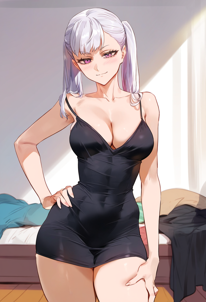 1girls ai_generated big_breasts black_clover blush breasts curvy dress geosan hi_res large_breasts looking_at_viewer noelle_silva purple_eyes royalty silver_hair skimpy smile thick_thighs thighs twintails