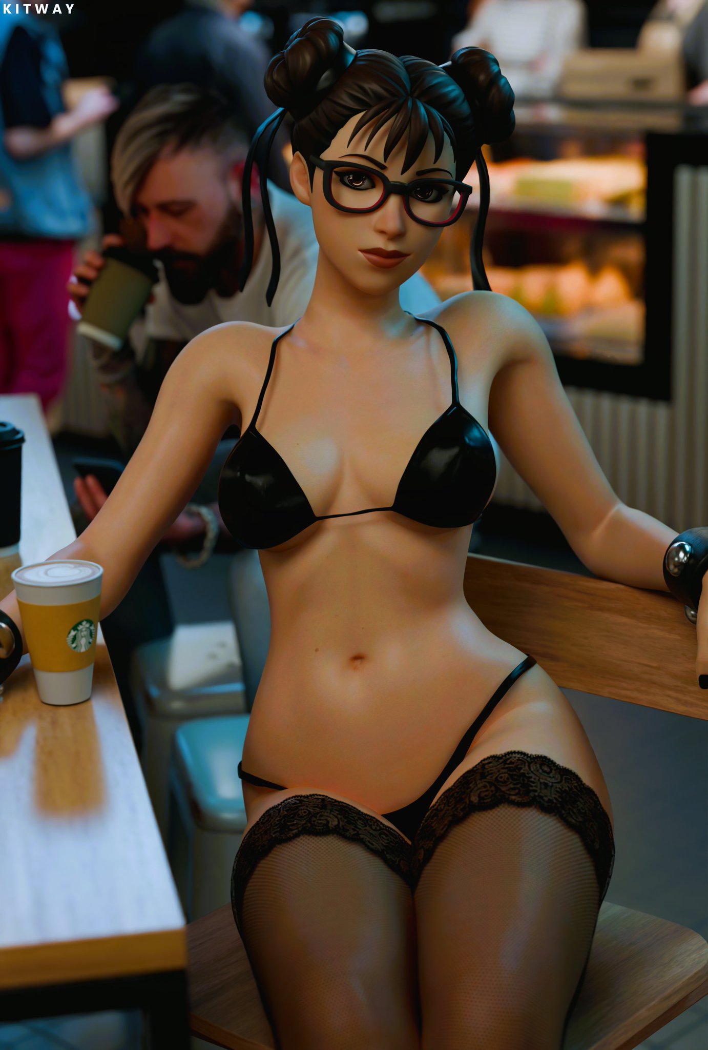 alternate_version alternate_version_available bra bracelet chun-li chun-li_(fortnite) clothed clothed_female clothing eyewear fortnite glasses hair hair_ornament hair_ribbon kitway looking_at_viewer mostly_nude mostly_nude_female pose posing public shiny shiny_clothes shiny_skin sitting sitting_on_chair skimpy_bra skimpy_thong starbucks street_fighter thick_thighs thigh_highs thighhighs thighs thong