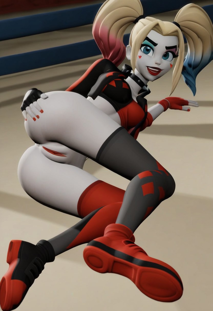 1girls ai_generated ass bubble_butt hand_on_butt harleen_quinzel harley_quinn looking_at_viewer looking_back lying_on_side multiversus presenting_pussy pussy solo solo_focus wrestling_ring