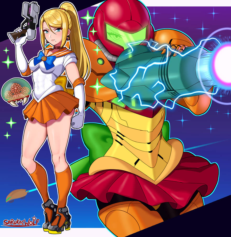 1girls arm_cannon armor armored_samus big_breasts bishoujo_senshi_sailor_moon blonde_hair blue_eyes breasts choker clothing cosplay earrings elbow_gloves female female_only gloves gun helmet helmet_with_visor high_heels holding_gun looking_at_viewer metroid metroid_(creature) miniskirt mole mole_under_mouth nintendo orange_skirt plasma_gun ponytail power_armor power_suit sailor_collar sailor_senshi_uniform sailor_venus_(cosplay) samus_aran sarukaiwolf shirt skirt small_breasts socks varia_suit varia_suit_helmet white_shirt