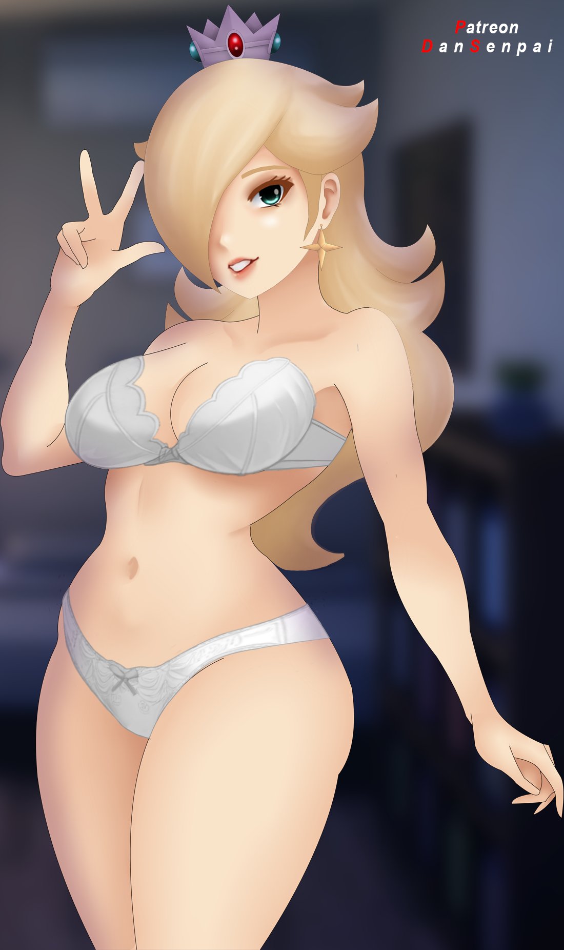 1girls blonde_hair blue_eyes bra breasts female female_only mario_(series) nidavellirstudios nintendo panties princess_rosalina solo tagme underwear