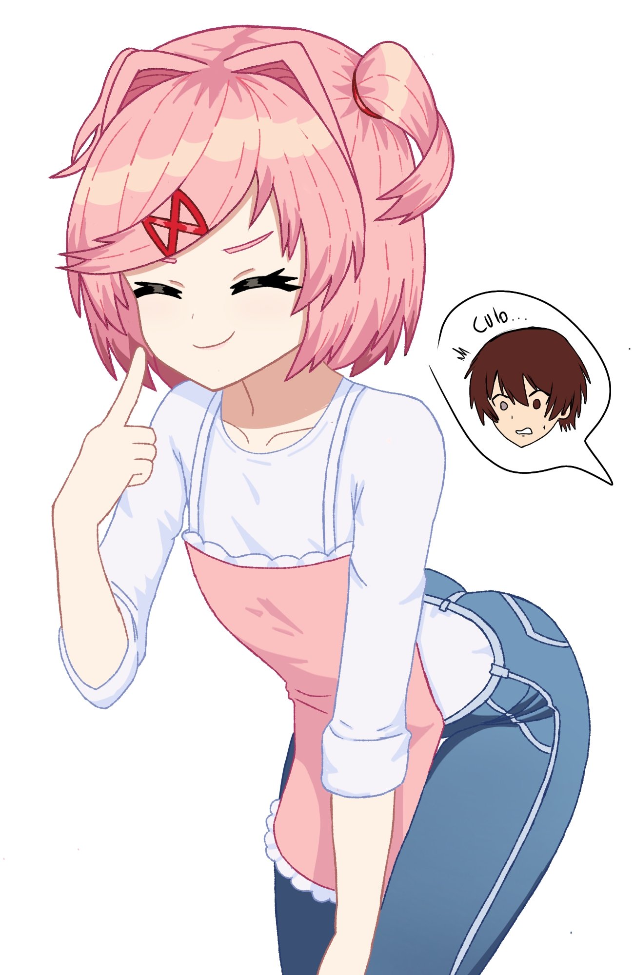 1female 1girls apron ass brown_hair butt closed_eyes collarbone doki_doki_literature_club eyebrows eyes_closed female_focus hair_intakes mc_(doki_doki_literature_club!) natsuki_(doki_doki_literature_club) offscreen_character pink_eyebrows pink_hair reaction_bubble somnipheromone spanish spanish_text suggestive suggestive_pose text