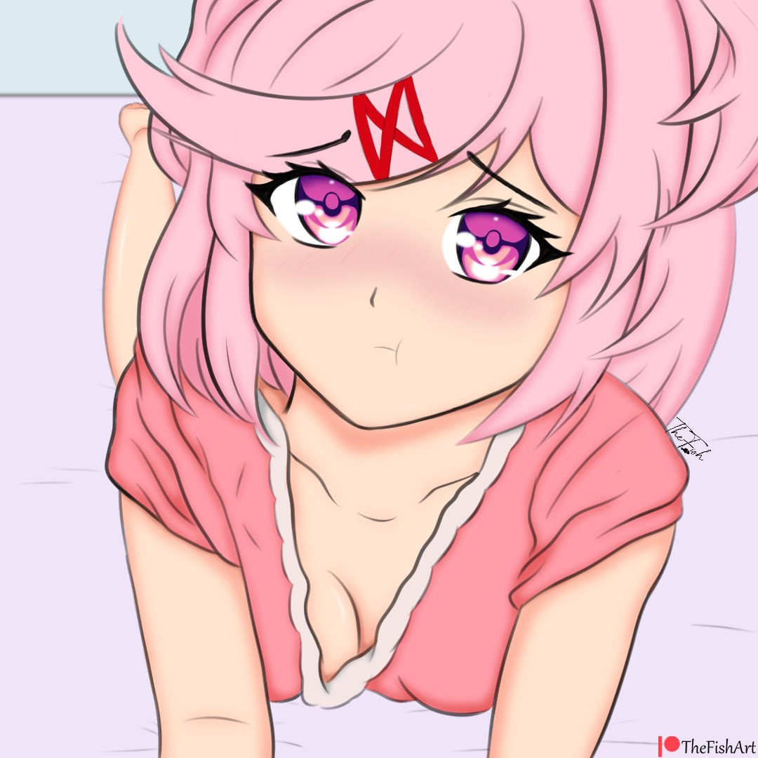 1girls blush blushing_at_viewer cleavage doki_doki_literature_club female female_only human looking_at_viewer natsuki_(doki_doki_literature_club) shy solo thefishart