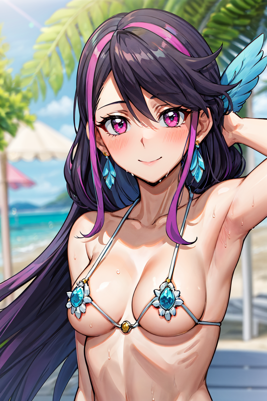 ai_generated beach_background bikini black_hair blush breasts earrings female hi_res kurosaki_ruri long_hair looking_at_viewer lulu_obsidian purple_hair red_eyes sephiaton955 smile sweatdrop yu-gi-oh! yu-gi-oh!_arc-v