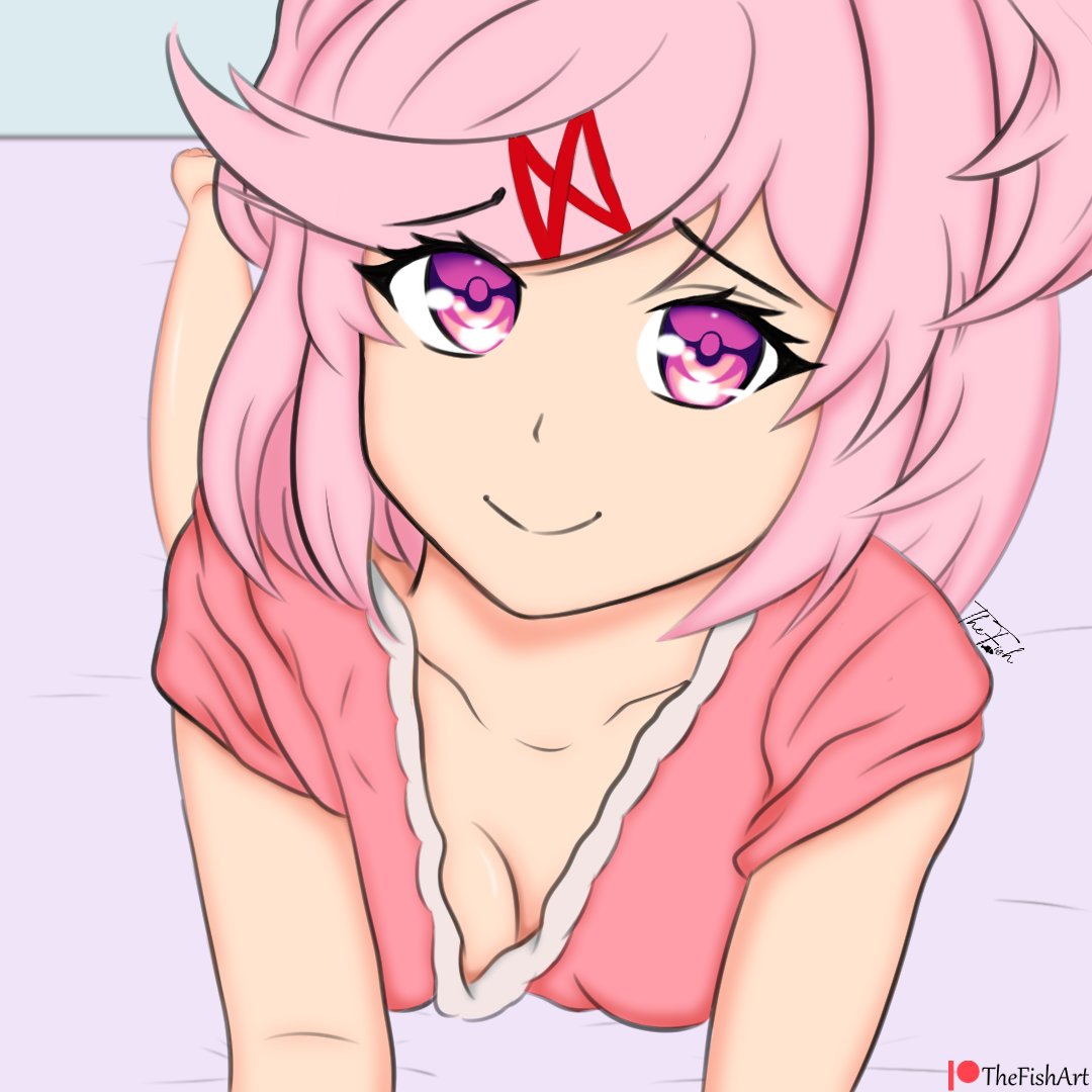 1girls cleavage doki_doki_literature_club female female_only human looking_at_viewer natsuki_(doki_doki_literature_club) shy smile smiling smiling_at_viewer solo thefishart