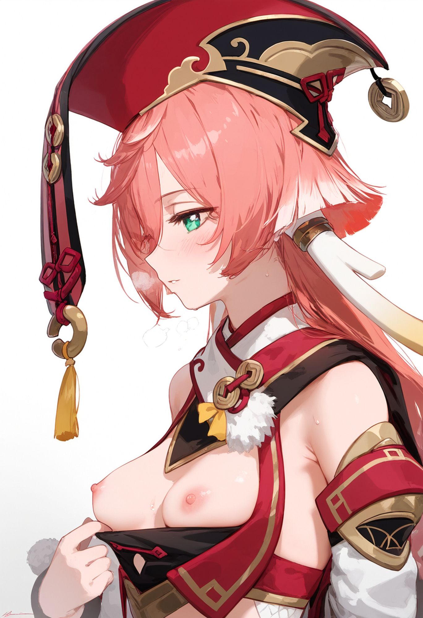 ai generated, blush, breasts, breasts out, female, genshin impact, green eyes, horn, horns, male, nipples, pink hair, small breasts, stable diffusion, straight, usazakura, yanfei (genshin impact)