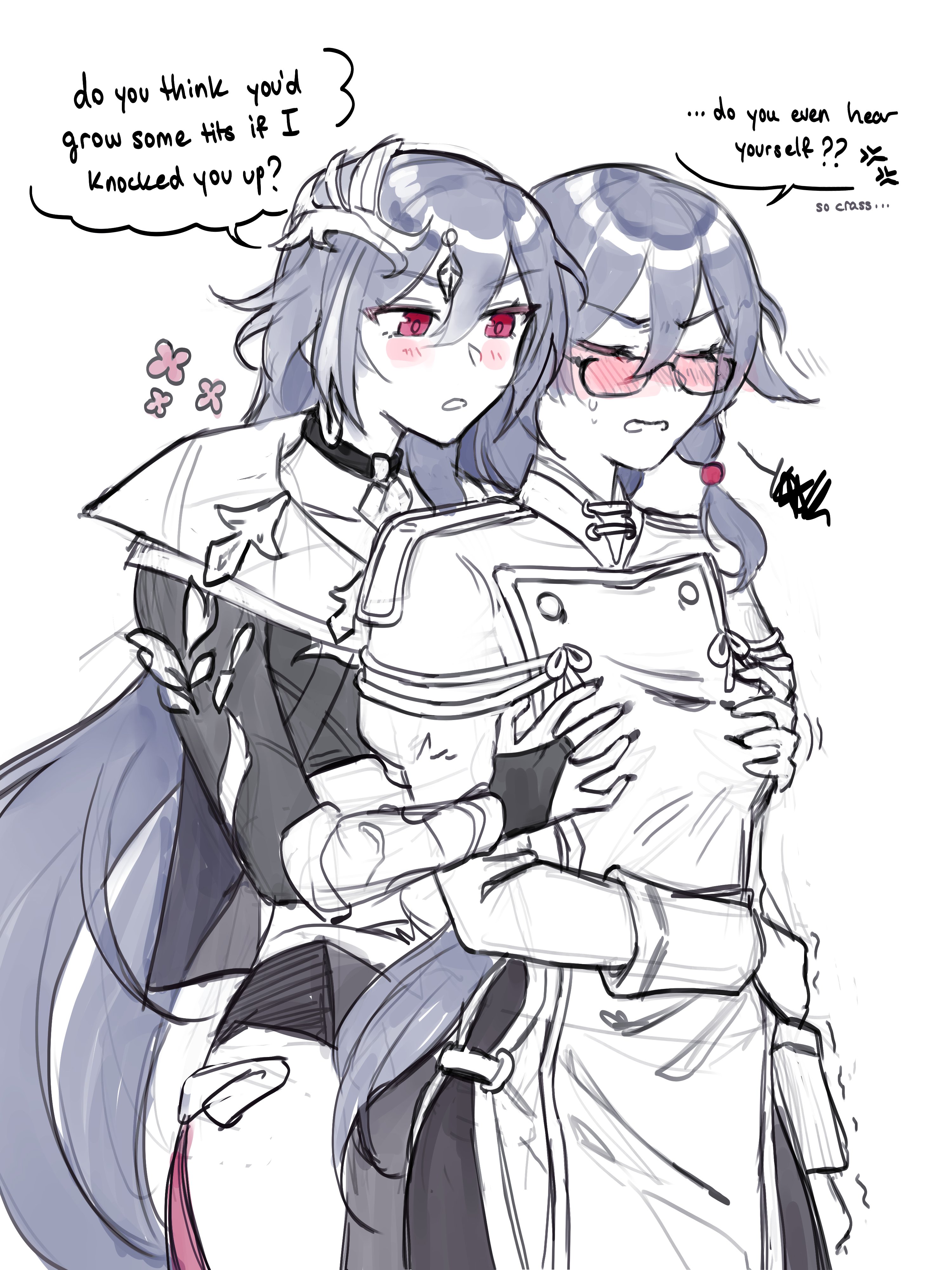 blush, breasts, catsanie, clothed, clothes, clothing, dominant female, female, female focus, female only, flat boobs, flat breasts, flat chest, flat tits, fu hua, fu hua (herrscher of sentience), glasses, herrscher of sentience, hips, honkai (series), honkai impact 3rd, hoyoverse, long hair, selfcest, submissive female, suggestive, suggestive gesture, suggestive pose, wide hips, yuri