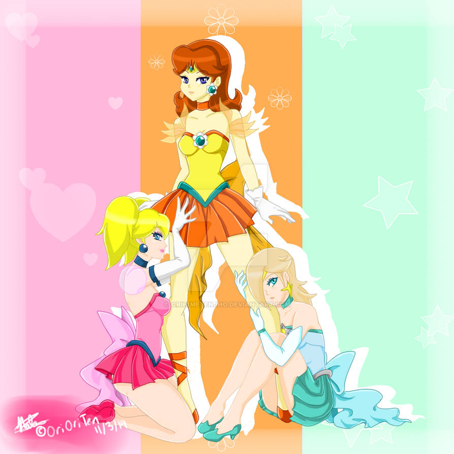 3girls bishoujo_senshi_sailor_moon blonde_hair blue_eyes blue_shirt blue_skirt breasts brown_hair choker clothing cosplay earrings elbow_gloves flower_earrings gloves hair_over_one_eye high_heels long_hair looking_at_viewer mario_(series) medium_breasts medium_hair nintendo orange_skirt orihime_tenjho pink_shirt pink_skirt princess_daisy princess_peach princess_rosalina sailor_senshi_uniform shirt skirt small_breasts star_earrings tiara twintails yellow_shirt