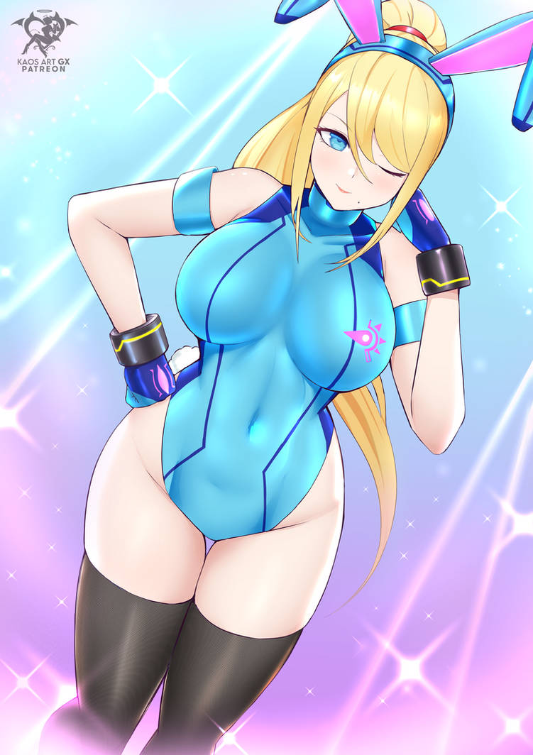 1girls armlet blonde_hair blue_eyes blue_leotard breasts bunny_ears bunny_tail fake_animal_ears fake_tail gloves hand_on_hip kaos_art large_breasts leotard looking_at_viewer metroid mole mole_under_mouth nintendo playboy_bunny ponytail samus_aran thighhighs