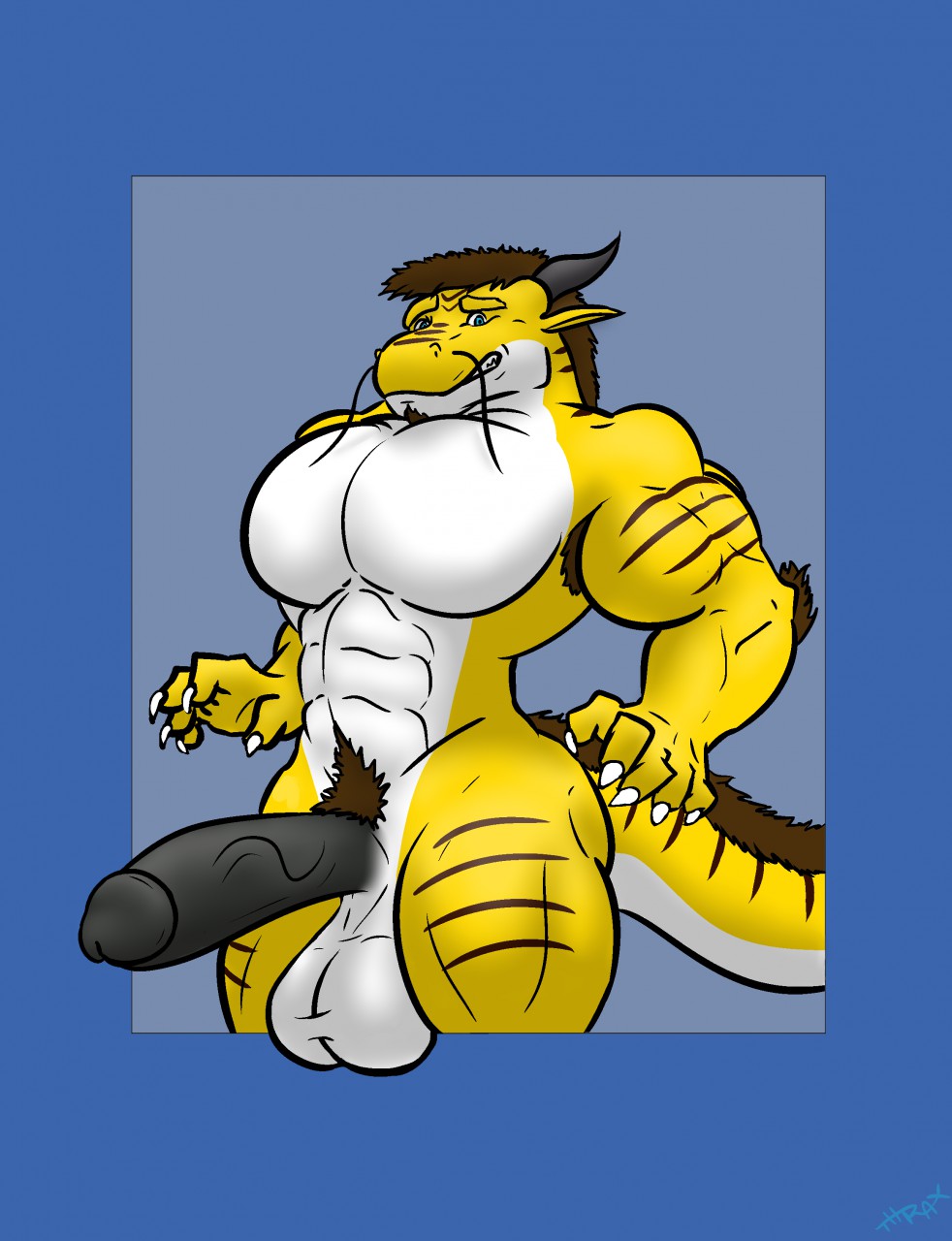 anthro_dragon black_penis brown_hair brown_stripes dick_pic eastern_dragon growth muscles muscular naked nudity penis serith_abrasoka solo_male ty_desoto white_abs white_pecs yellow_skin