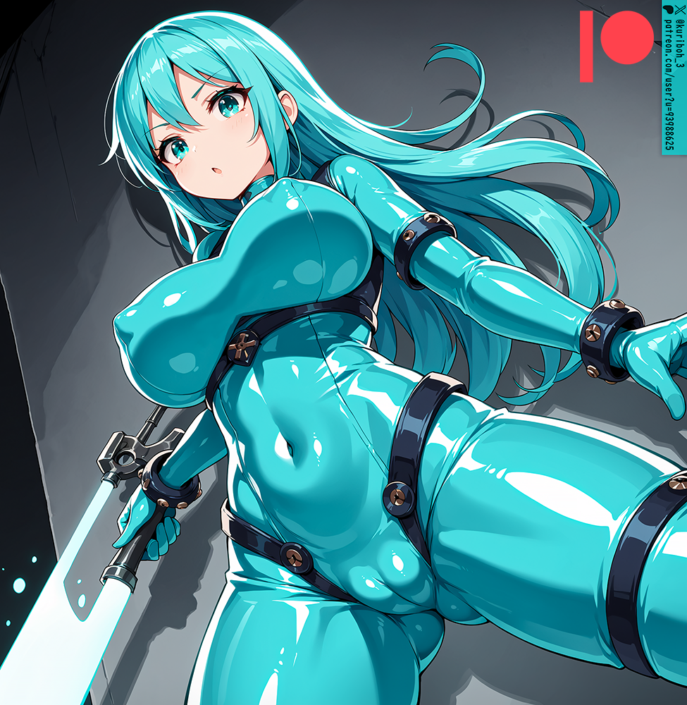 ai_generated bodysuit breasts female kuriboh_ex_(artist) latex latex_clothing latex_suit oppai rubber rubber_clothing rubber_suit skin_tight turquoise_eyes turquoise_hair