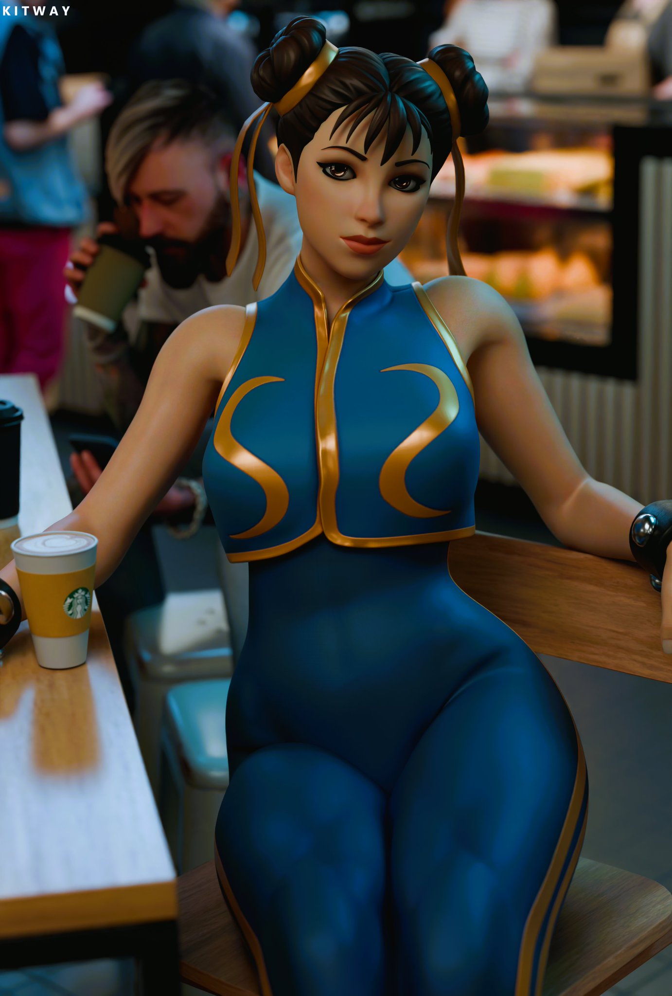 alternate_version_available bracelet chun-li chun-li_(fortnite) clothed clothed_female clothing fortnite fully_clothed fully_clothed_female hair hair_ornament hair_ribbon kitway looking_at_viewer pose posing public sfw sfw_version shiny shiny_clothes shiny_skin sitting sitting_on_chair starbucks street_fighter thick_thighs thighs