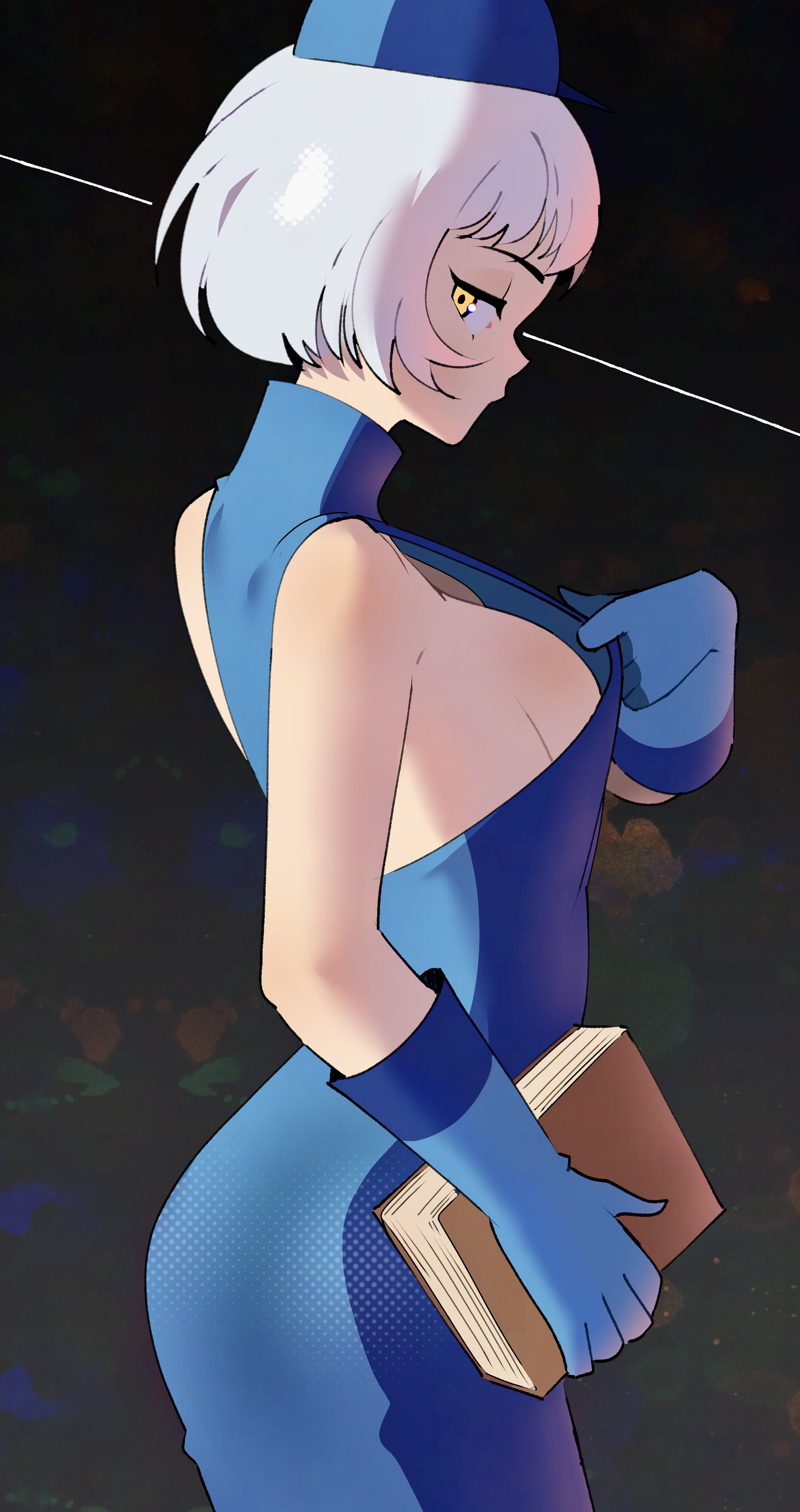 1girls, bare shoulders, blue dress, blue gloves, blue headwear, breasts, dress, elizabeth (persona), female, female only, gjh 1, gloves, hat, holding, holding book, persona, persona 3, short hair, sleeveless, sleeveless dress, solo, white hair, yellow eyes