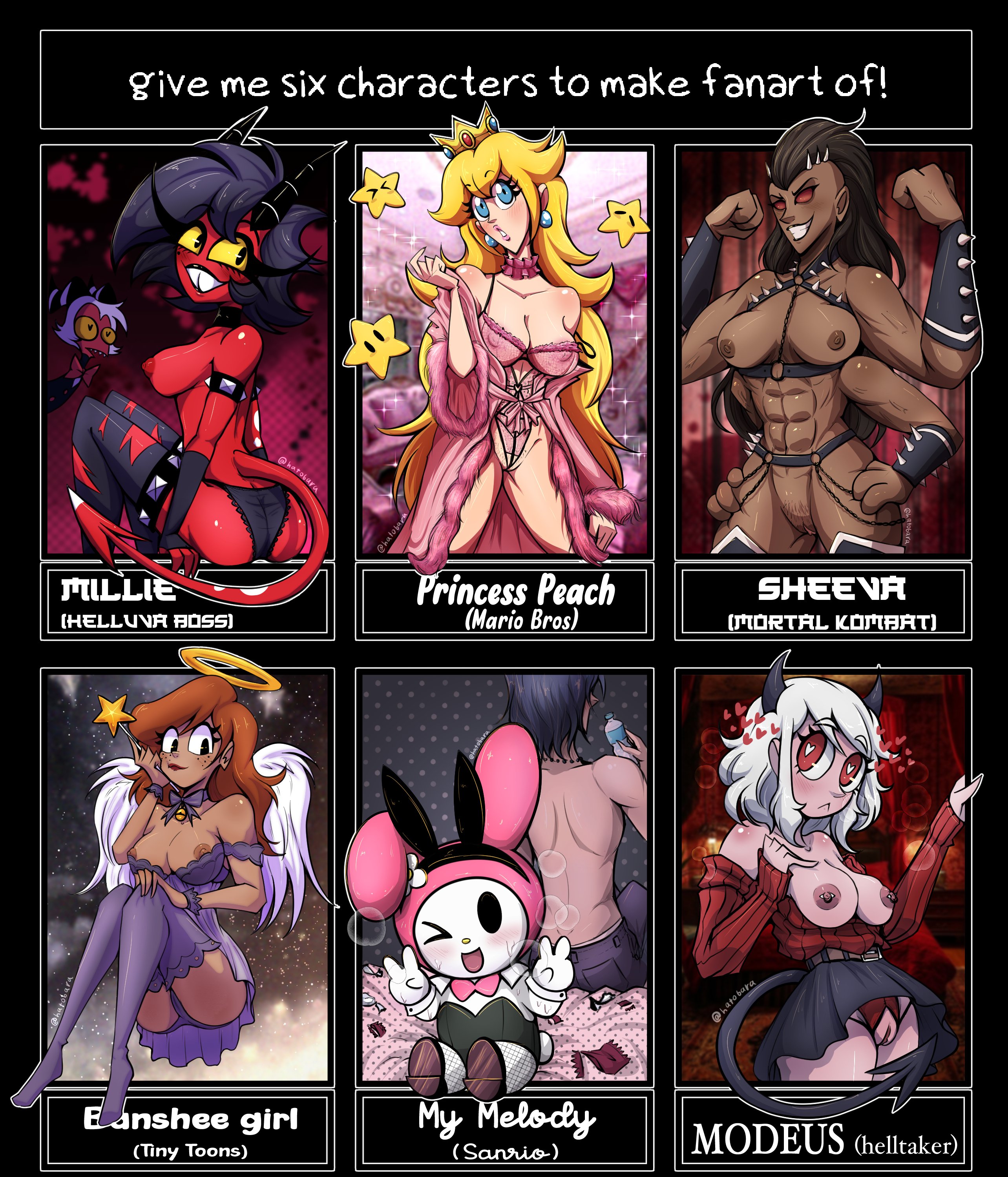 2boys, 4 arms, 6girls, abs, ass, banshee, banshee girl, breasts, bunnysuit, condom, crown, demon tail, female, hatobara, helltaker, helluva boss, male, mario (series), millie (helluva boss), modeus (helltaker), mortal kombat, moxxie (helluva boss), my melody, nude female, panties, posing, princess peach, sanrio, sheeva, six fanarts challenge, spiked bracelet, super mario bros., tagme, tiny toon adventures, vivienne medrano
