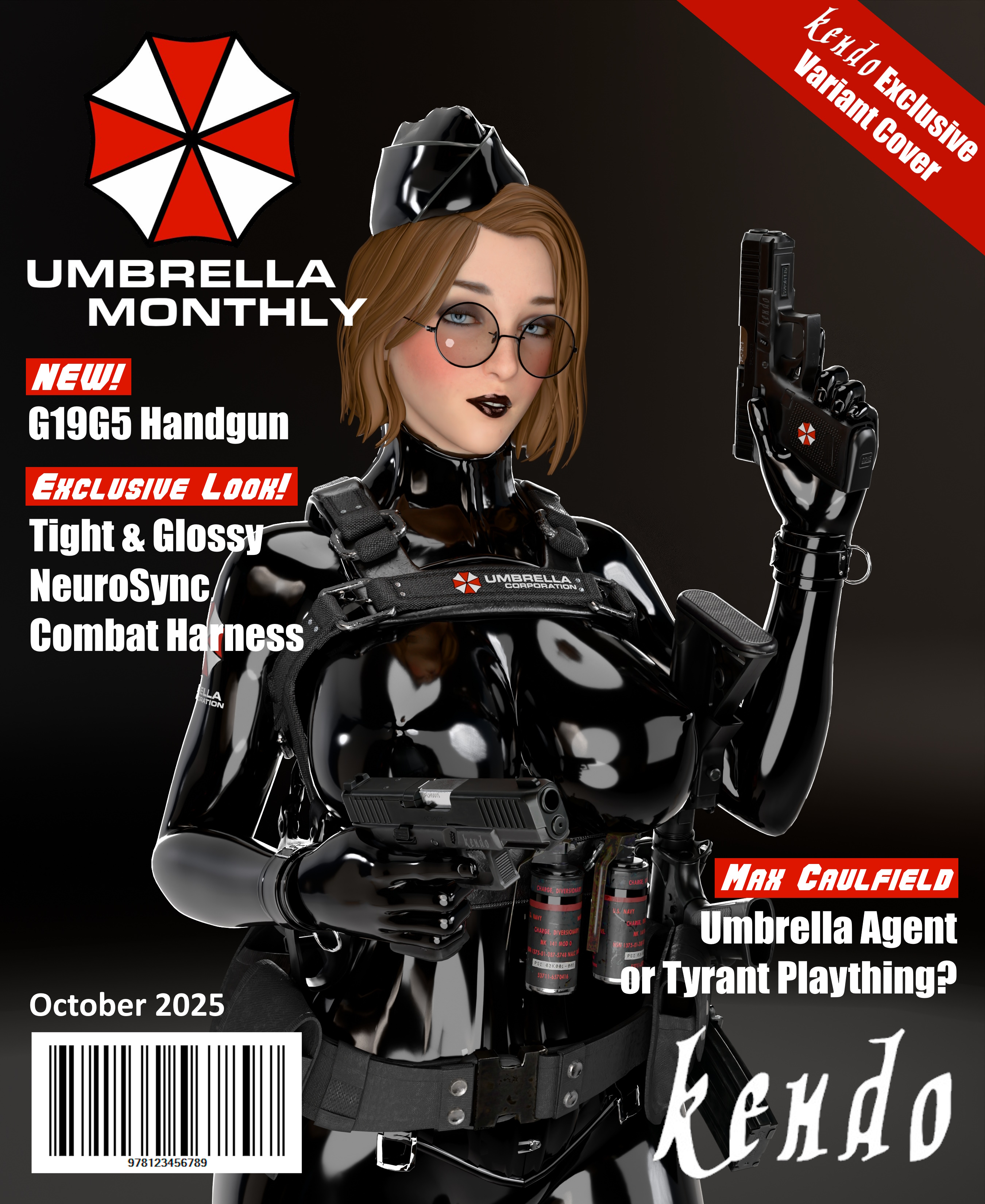 3d, black lipstick, blender, brown hair, clothed female, corset, crossover, cuff (restraint), english text, female, female only, garrison cap, glasses, gun holster, hi res, high resolution, holster, latex, latex clothing, latex suit, life is strange, life is strange: double exposure, lipstick, magazine cover, max caulfield, max caulfield (double exposure), neck corset, nipple bulge, pistol, resident evil, round glasses, rubber, shiny clothes, skyebunny, tactical gear, text, tight clothing, umbrella corporation
