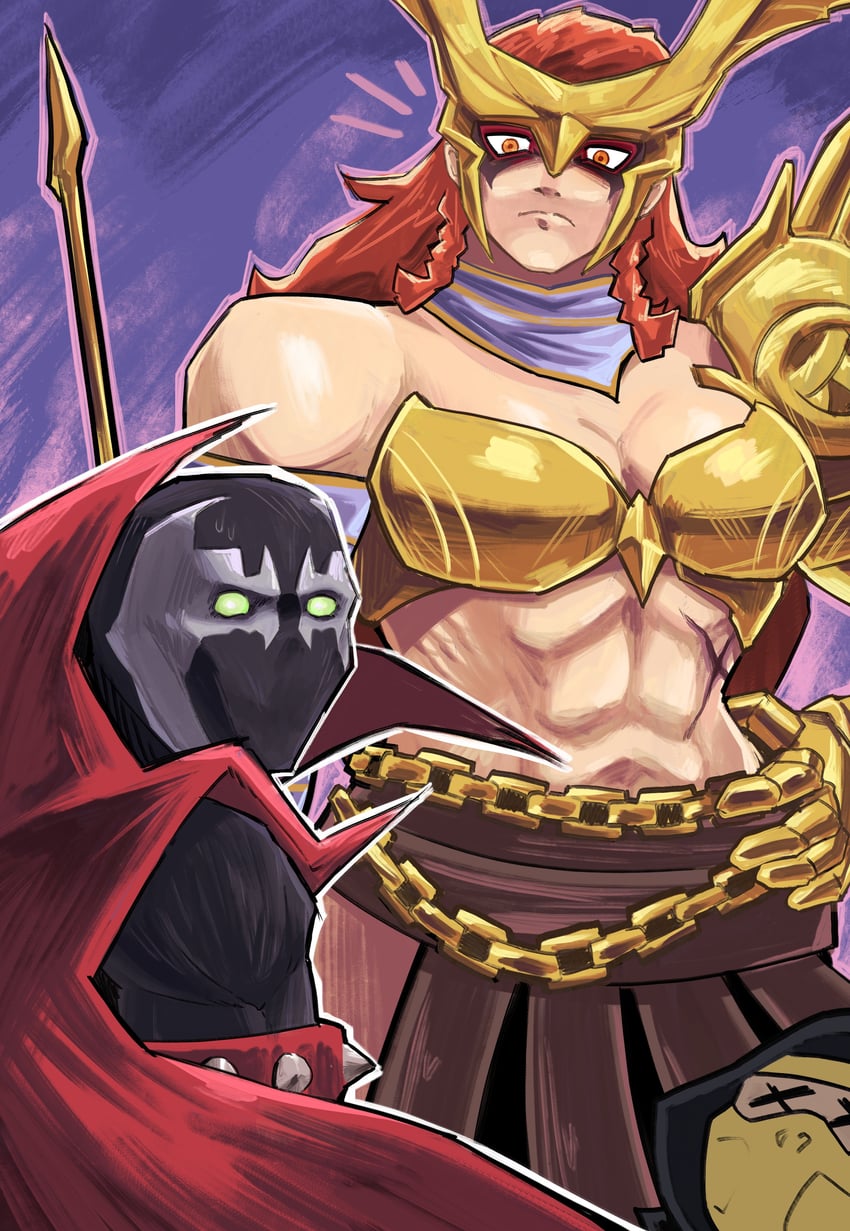 1girls, 2boys, abs, angela (aldrif odinsdottir), bodysuit, breasts, cape, chains, cleavage, female, glowing, glowing eyes, heavynalmuck, light-skinned female, long hair, looking at viewer, male, marvel, marvel comics, marvel rivals, mask, mortal kombat, mortal kombat 11, muscular, muscular female, navel, red cape, red hair, revealing clothes, scar, scar on stomach, scorpion (mortal kombat), soul calibur, soul calibur ii, spawn (albert simmons), spawn (image comics), stomach, surprised, tall female, taller female, weapon