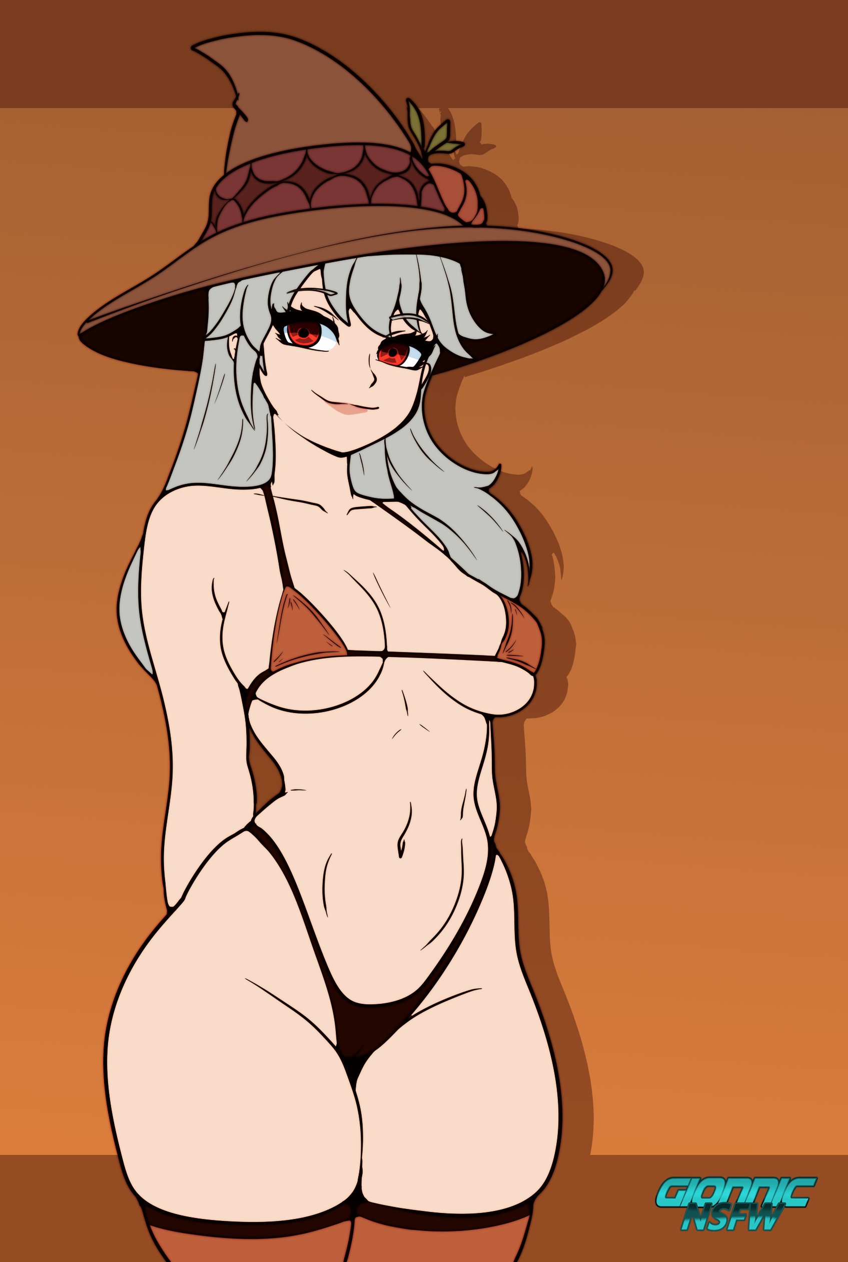 about to burst, ass too big, barely contained, barely contained ass, barely fits, bikini, curvy female, curvy hips, epic games, female, female focus, female only, fortnite, fortnite: battle royale, gionnic art, gionnic art (artist), gionnics, halloween, halloween costume, halloween theme, hat, imminent wardrobe malfunction, lexa (fortnite), lexa hexbringer (fortnite), micro bikini, orange background, red eyes, smaller female, smile, smiling at viewer, solo, solo female, solo focus, stockings, straining clothing, tight bikini, tight clothes, tight clothing, tight fit, too tight, undersized clothes, undersized clothing, white hair, wide hipped female, wide hips, witch hat