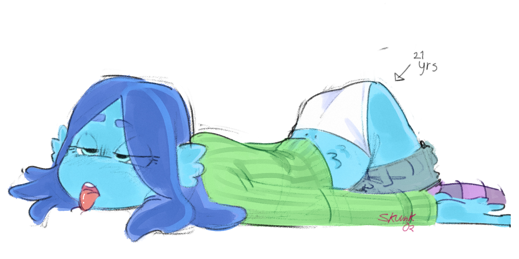 1girls, aged up, ass, ass up, blue body, blue eyes, blue hair, cadmio, coloe, color, dreamworks, fanart, female, female focus, female only, green sweater, half-closed eyes, kraken, limp, limp arms, on front, on ground, panties, ruby gillman, ruby gillman, teenage kraken, shorts down, skuunk02, tongue, tongue out, top-down bottom-up, twitter link, white background, white panties