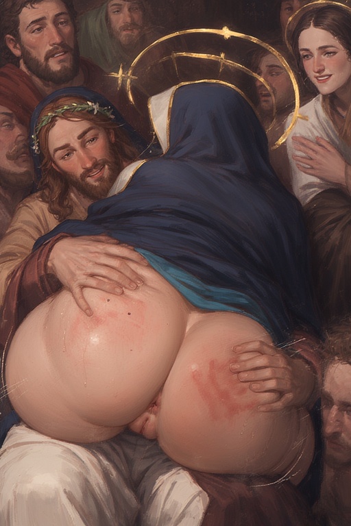 ai, ai generated, anus, ass, ass focus, ass grab, asshole, bible, bubble butt, cloak, enormous ass, female, halo, handprint, handprint on ass, harassment, huge ass, incest, jesus christ, male, male pov, middle eastern female, naked from the waist down, ozzy123, perchance ai, pov, pussy, pussy lips, red skin, religion, robe, sexually suggestive, sitting on lap, twerk, twerking, virgin, virgin mary, voluptuous, voluptuous female, whored out