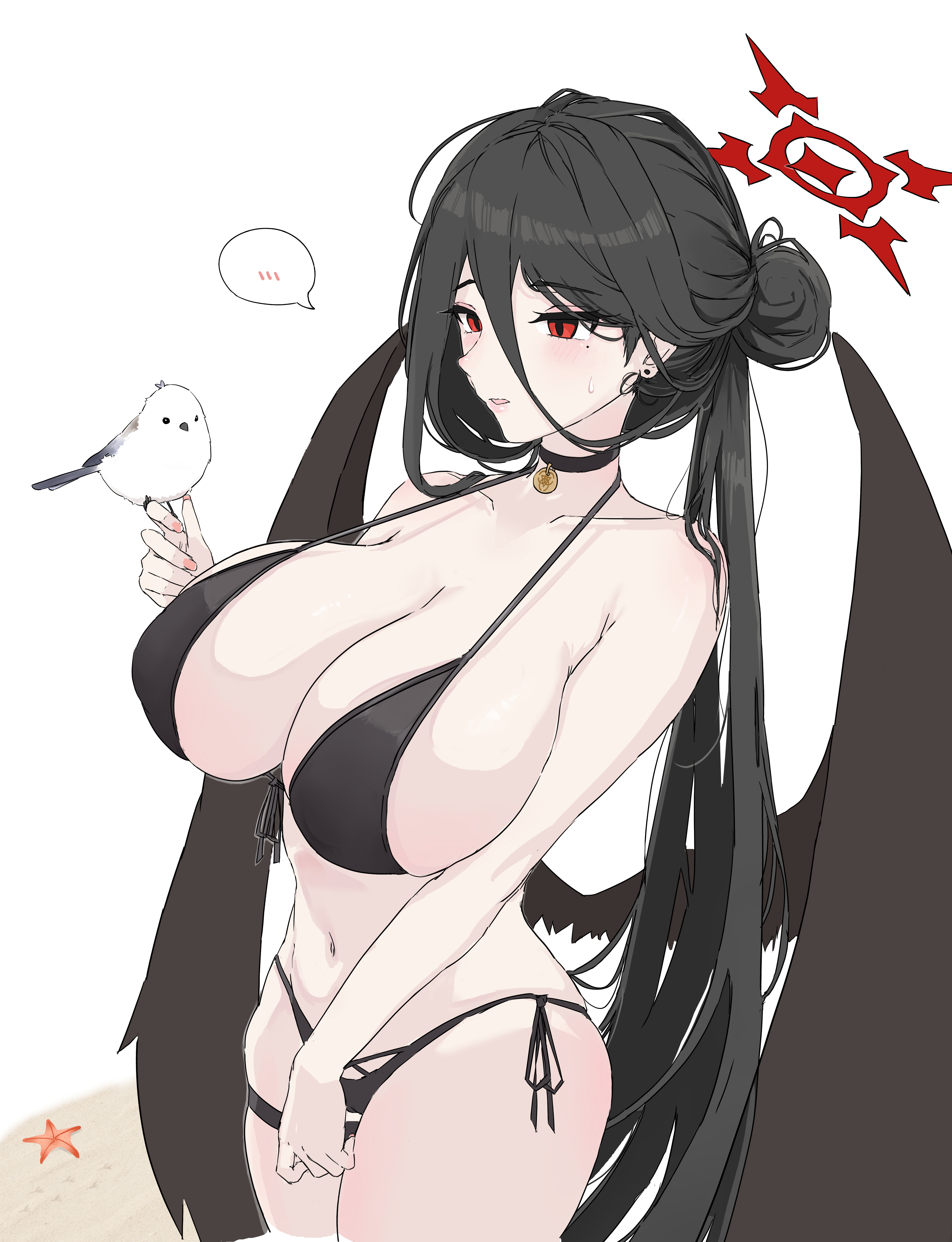 absurdres, arin6006, bikini, bird, black bikini, black choker, black hair, black wings, blue archive, breasts, choker, feathered wings, female, front-tie bikini top, front-tie top, hair between eyes, halo, hasumi (blue archive), hasumi (swimsuit) (blue archive), highleg, highleg bikini, highres, huge breasts, long hair between eyes, long-tailed tit, loosely tucked bangs, low wings, mole, mole under eye, navel, official alternate costume, official alternate hairstyle, oversized wings, red halo, solo, spoken blush, swimsuit, tit (bird), wings