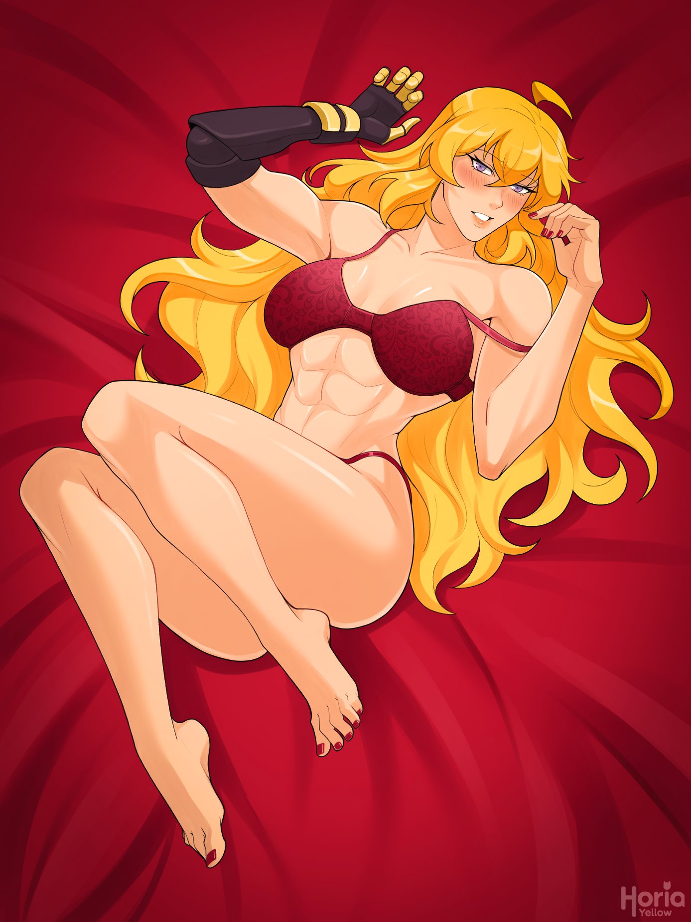 1girls, abs, blonde female, blonde hair, bra, female, laying on back, long hair, long hair female, panties, purple eyes, robotic arm, rwby, solo female, underwear, yang xiao long, yellow nicky (artist)