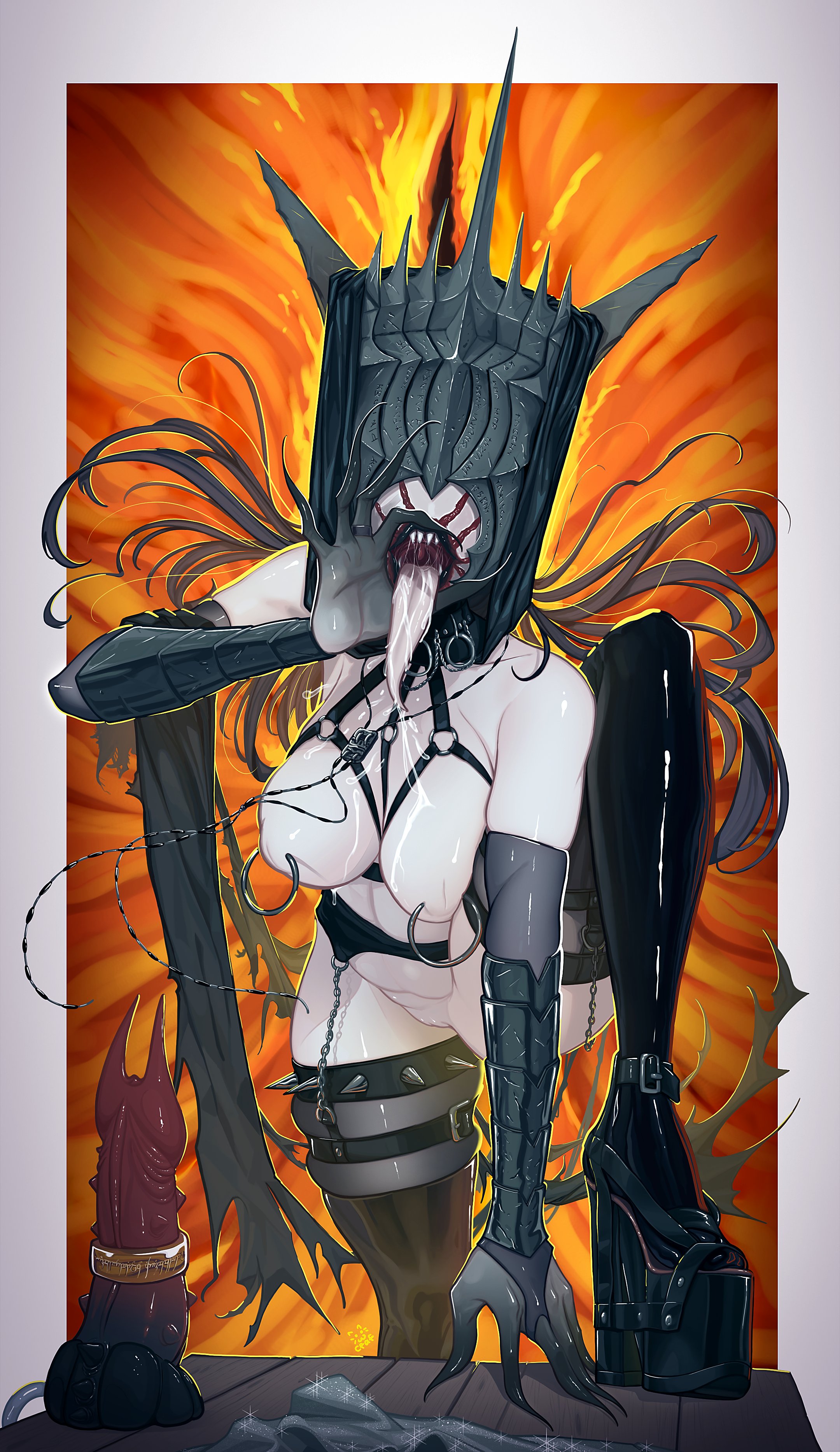 1girls, 2d, bdsm gear, big breasts, big tongue, breasts, eye of sauron, fellatio gesture, female, female only, genderswap (mtf), high heels, lord of the rings, mouth of sauron, nipple piercing, nipple rings, nipples, nude, platform heels, pussy, rule 63, solo, solo female, the one ring, thighhighs