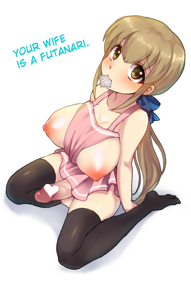 1futa 2d apron black_legwear blonde_hair blush breasts brown_eyes brown_hair censored condom condom_in_mouth futa_only futanari hair_ribbon hard_translated intersex kneeling large_breasts long_hair looking_at_viewer looking_up mouth_hold naked_apron nipples original penis piririnegi ponytail ribbon solo testicles text thighhighs tied_hair translated