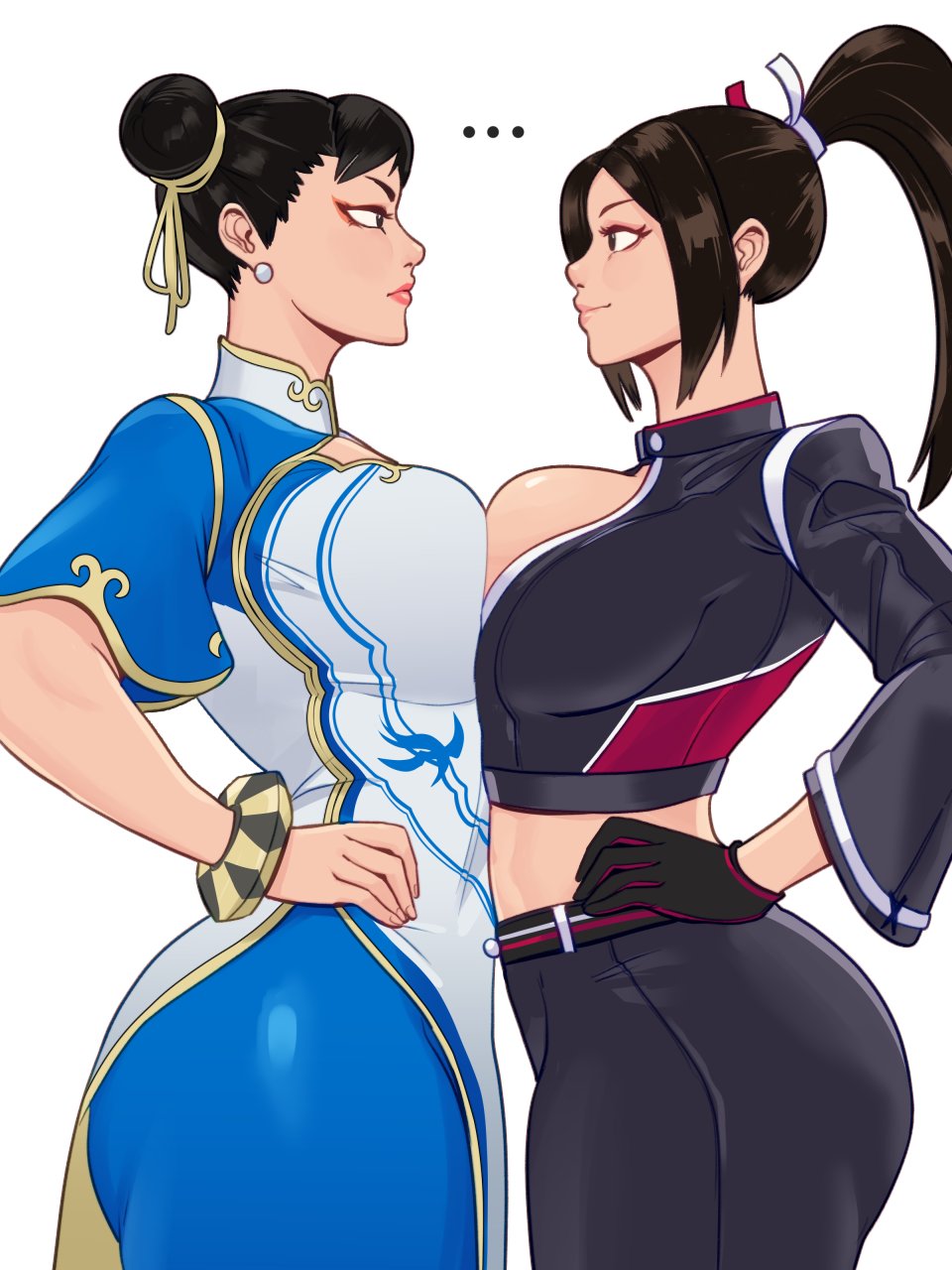 ..., 2girls, akiman pose, belly-to-belly, black gloves, blue leggings, blue legwear, breast press, breast to breast, breasts, capcom, catfight, chinese clothes, chun-li, chun-li (street fighter 6), commentary, cropped jacket, death battle, double bun, english commentary, eye contact, fatal fury, fatal fury: city of the wolves, female, female only, female/female, gloves, hair bun, hair ribbon, highres, huge breasts, king of fighters, leggings, looking at another, mai shiranui, mai shiranui (city of the wolves), midriff, multiple females, multiple girls, official alternate costume, ponytail, ribbon, rivalry, skullworms, street fighter, street fighter 6, symmetrical docking, upper body, yuri