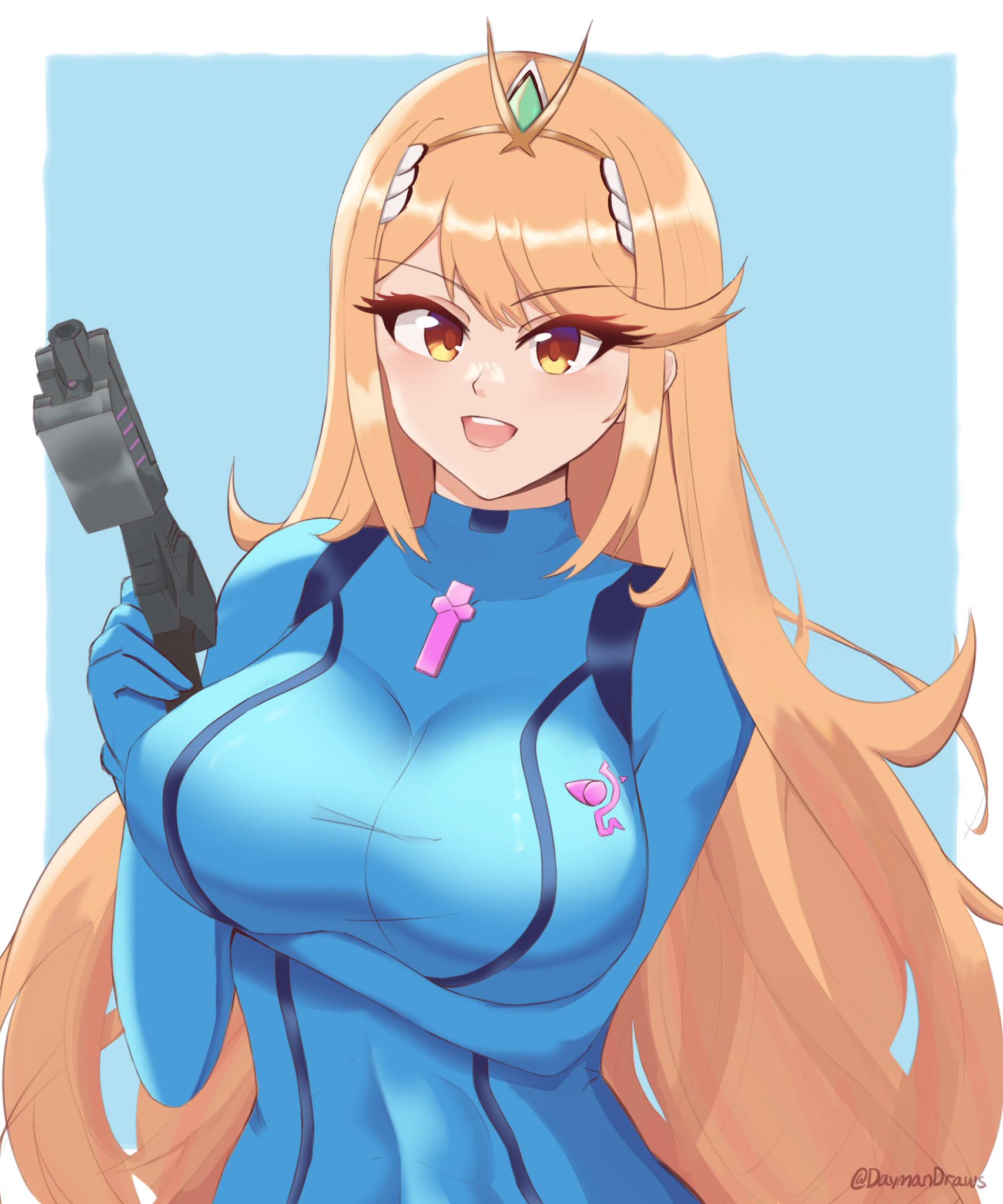 blonde female, blonde hair, blonde hair female, bodysuit, crossover cosplay, daymandraws, female, heels, high heels, mythra, nintendo, samus aran (cosplay), skin tight outfit, skin tight suit, tight clothing, xenoblade (series), xenoblade chronicles 2, yellow eyes, zero suit, zero suit samus (cosplay)