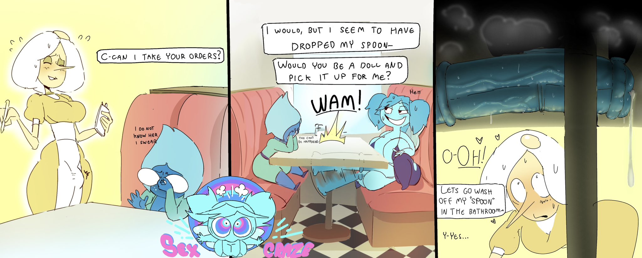 3futas, big breasts, breakfast (gnausea), breasts, bulge, cock, comic page, cum, cum drip, dialogue, female, futa is bigger, futa is smaller, futa on futa, futanari, gem, gem (species), gemsona, genitals, horsecock, huge boobs, huge breasts, huge cock, imminent sex, intersex, mari (joe bobcat), oogabutt, penis, steven universe, wings, yuri