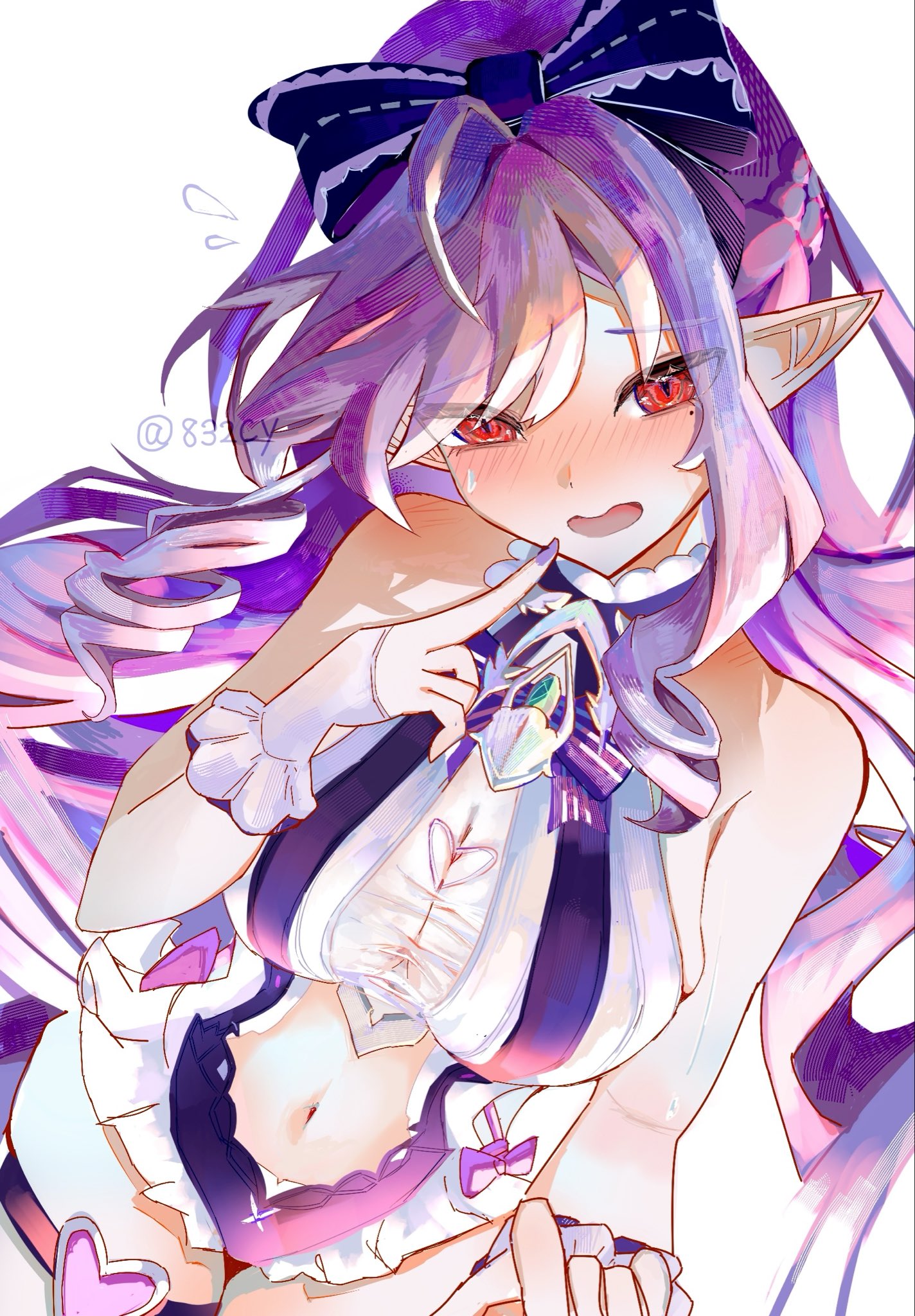 1girls, 832cy, breasts, exposed breasts, female, hoyoverse, legs, long hair, mihoyo, official alternate costume, purple hair, red eyes, swimsuit, vivian banshee, vivian banshee (iris of the shore), white swimsuit, zenless zone zero